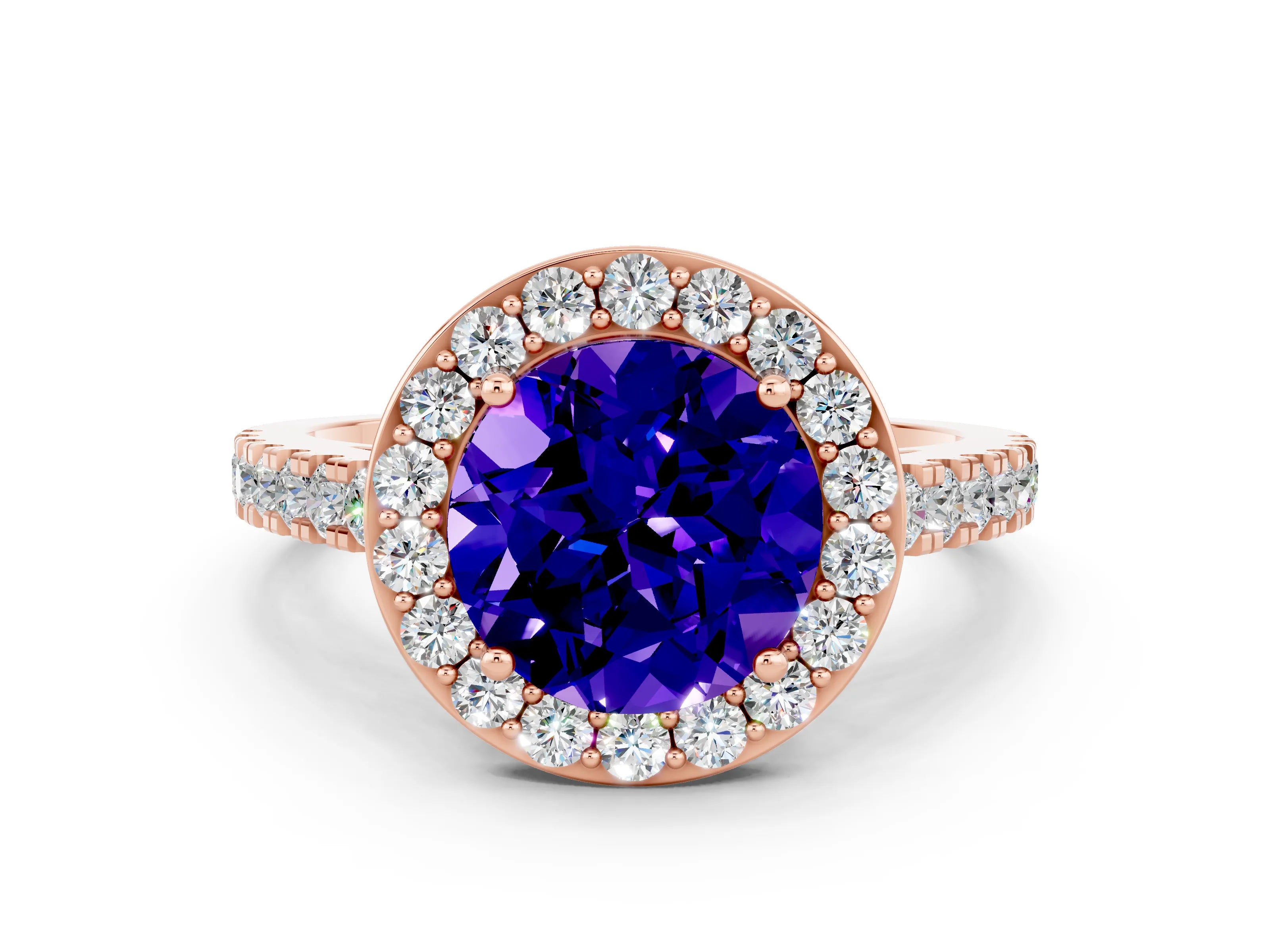 Rose gold Round Cut Halo Diamond Ring with Pavé Band and Three-Prong Setting