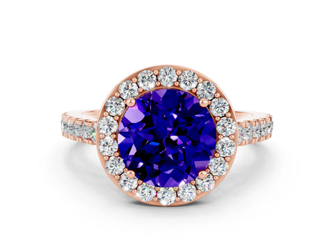 Rose gold Round Cut Halo Diamond Ring with Pavé Band and Three-Prong Setting
