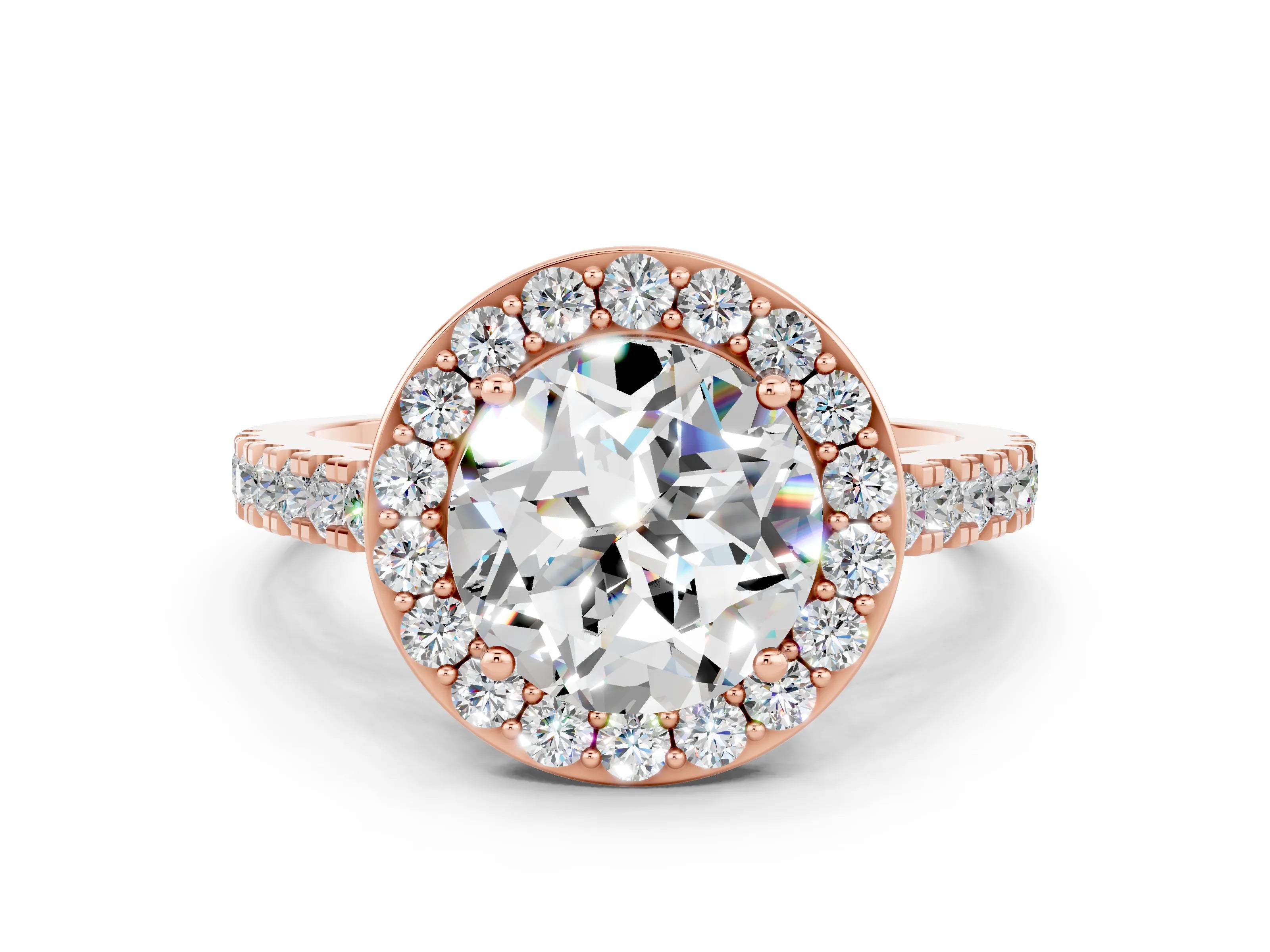 Rose gold Round Cut Halo Diamond Ring with Pavé Band and Three-Prong Setting
