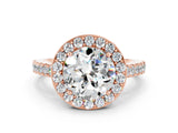 Rose gold Round Cut Halo Diamond Ring with Pavé Band and Three-Prong Setting