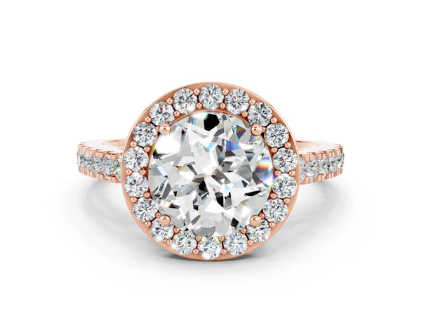 Rose gold Round Cut Moissanite Halo Ring with Round Pavé Split Shank and Prong Setting