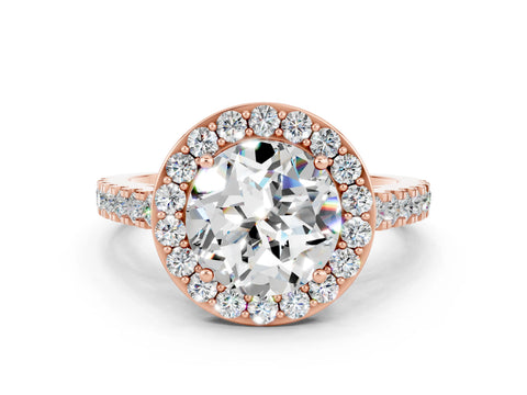 Rose gold Round Cut Halo Diamond Ring with Pavé Band and Three-Prong Setting