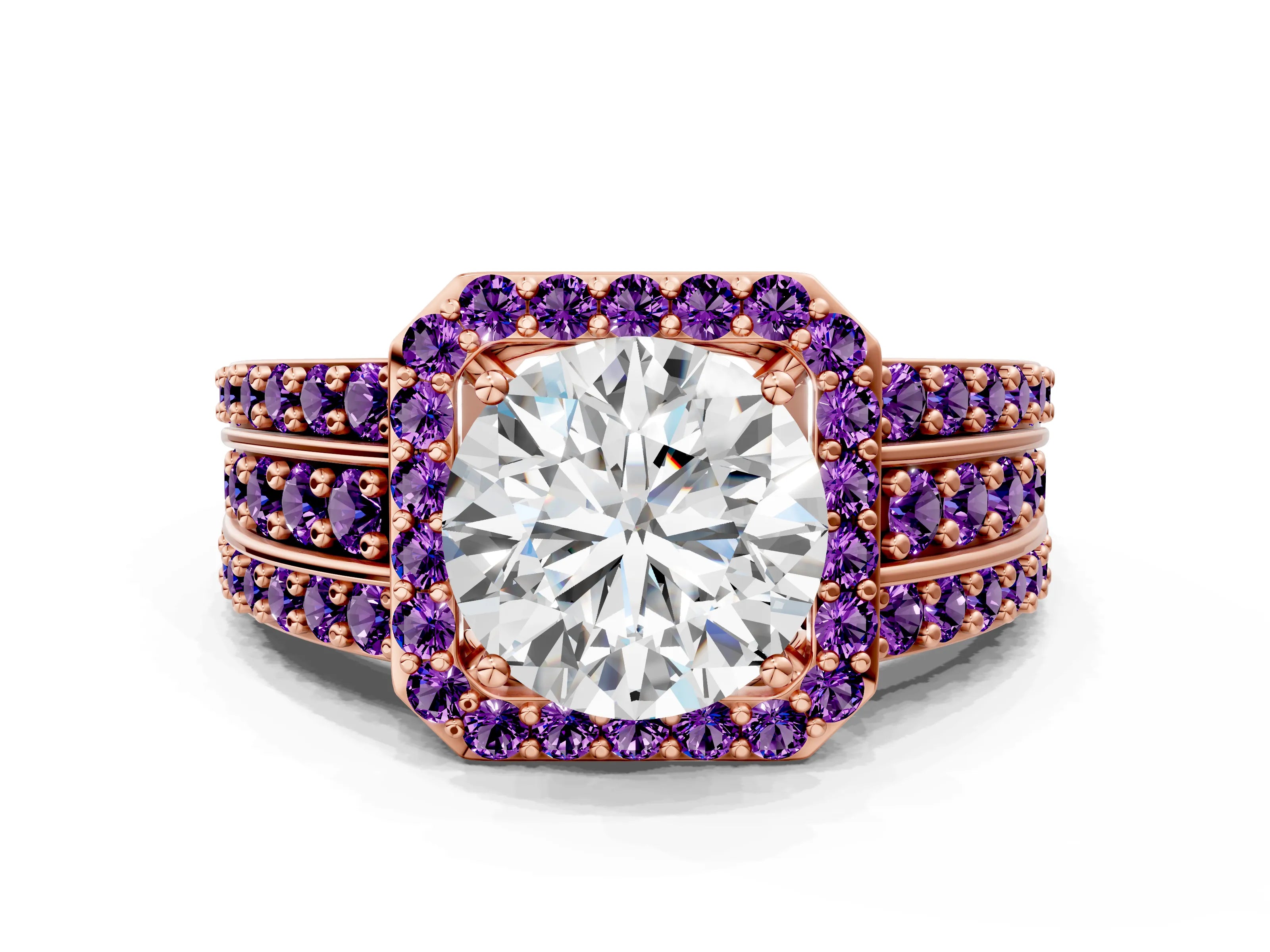 Rose gold Round Cut Halo Diamond Ring with Round with Amethyst side stone Split Shank and Prong Setting