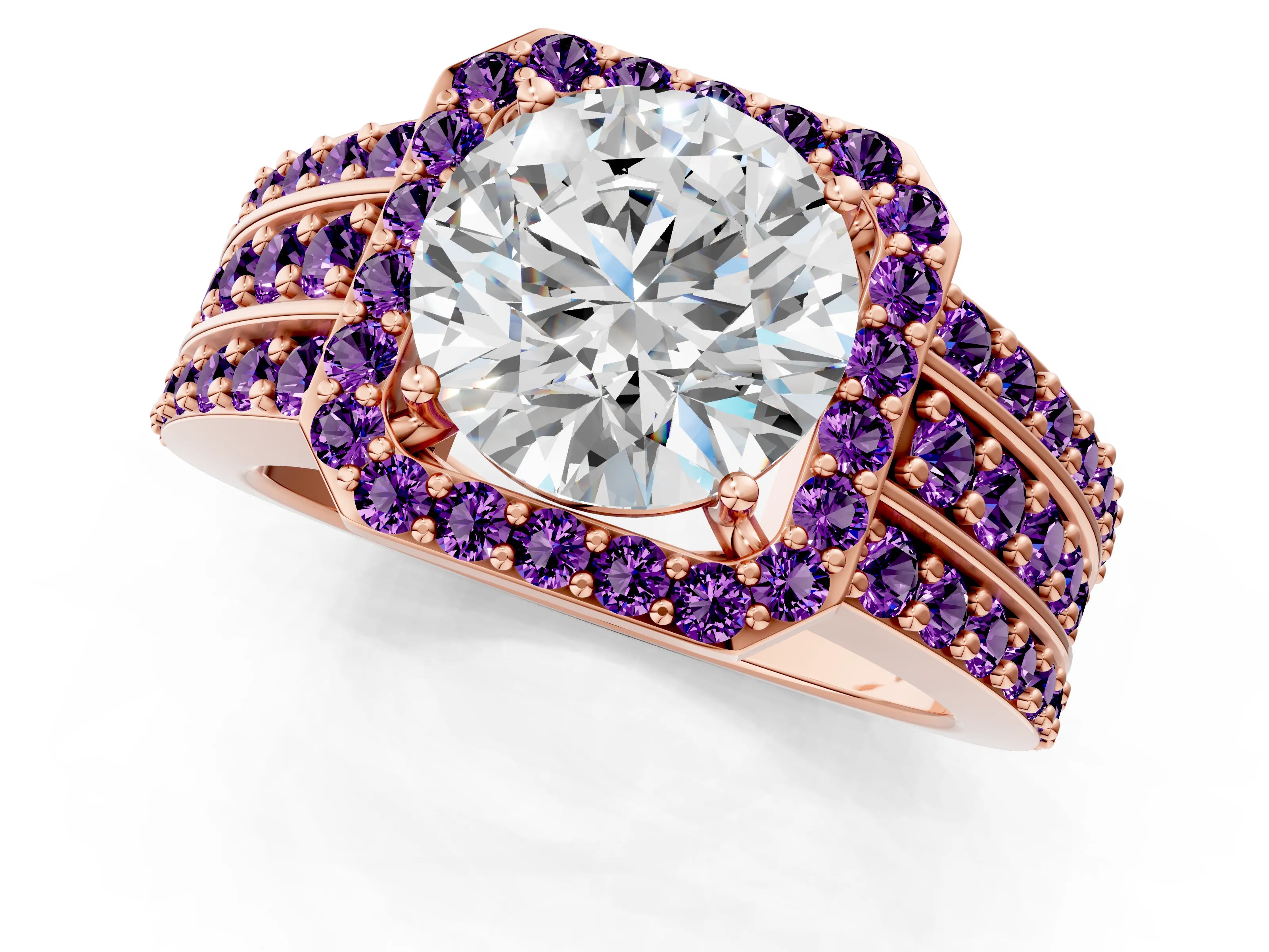 Rose gold Round Cut Halo Diamond Ring with Round with Amethyst side stone Split Shank and Prong Setting_1