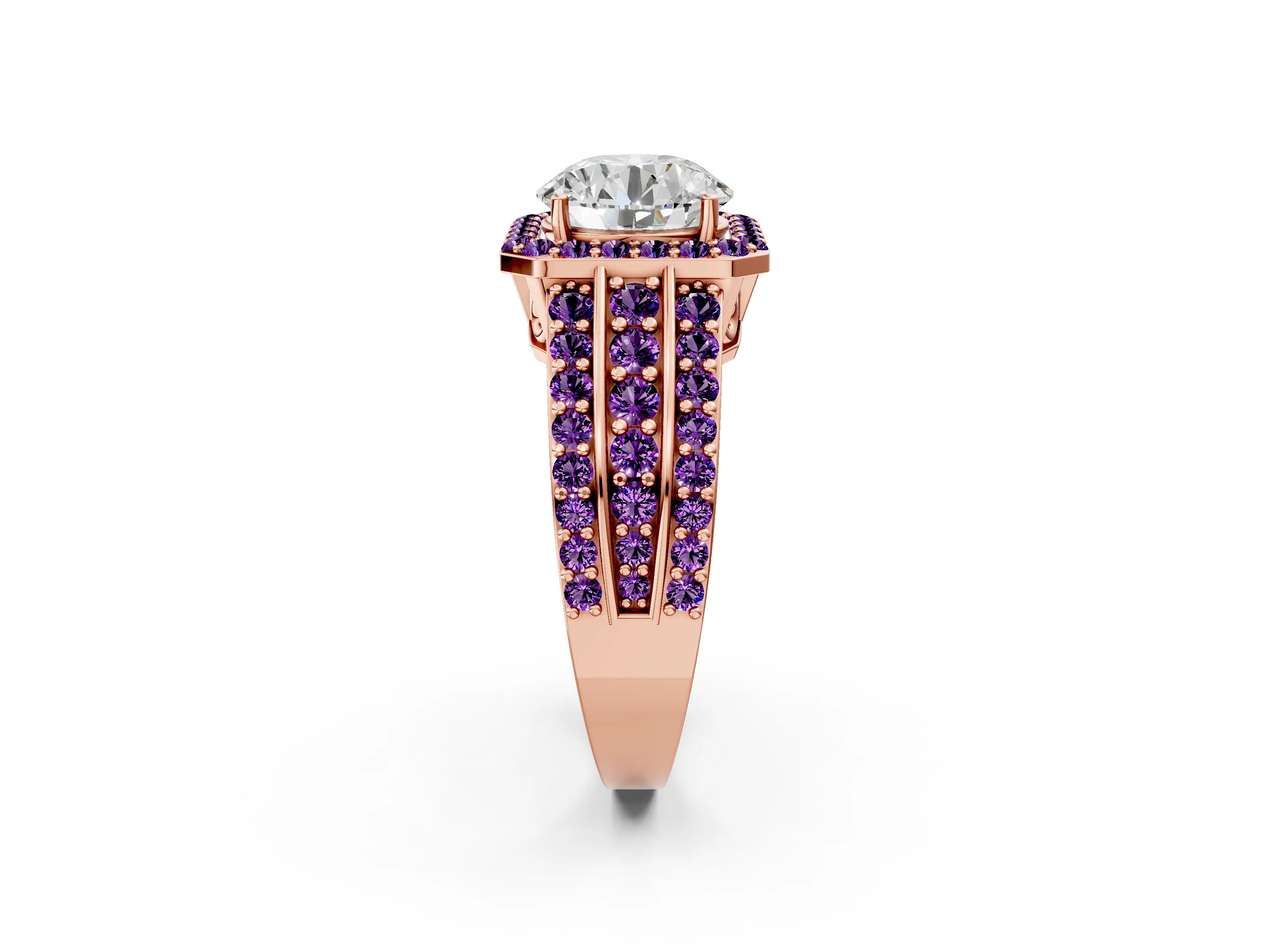 Rose gold Round Cut Halo Diamond Ring with Round with Amethyst side stone Split Shank and Prong Setting_2