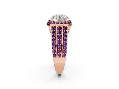 Rose gold Round Cut Halo Diamond Ring with Round with Amethyst side stone Split Shank and Prong Setting_2