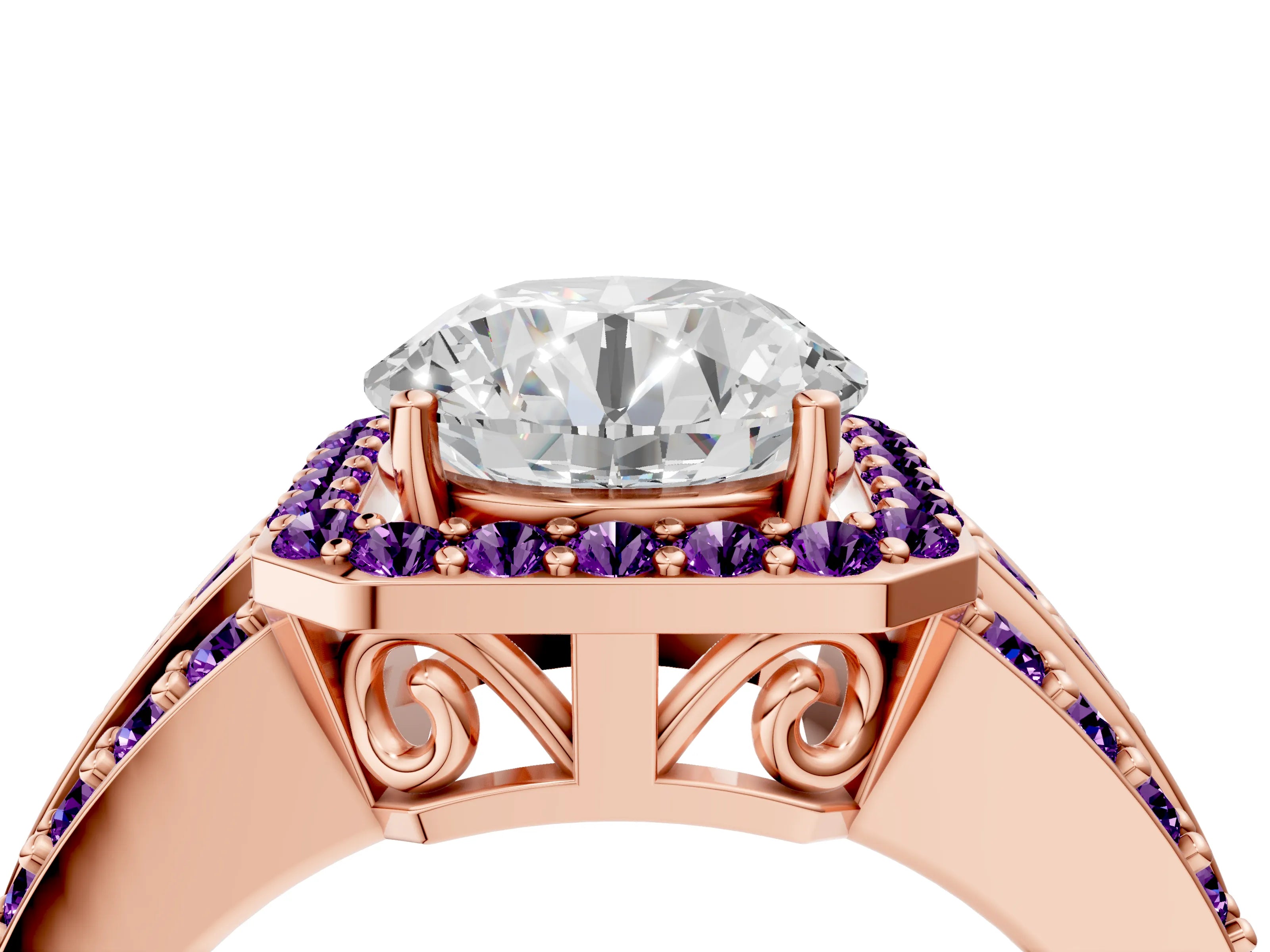 Rose gold Round Cut Halo Diamond Ring with Round with Amethyst side stone Split Shank and Prong Setting_4