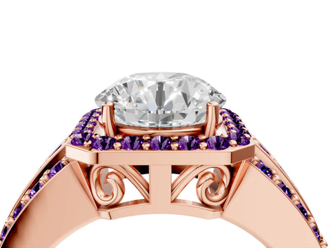 Rose gold Round Cut Halo Diamond Ring with Round with Amethyst side stone Split Shank and Prong Setting_4