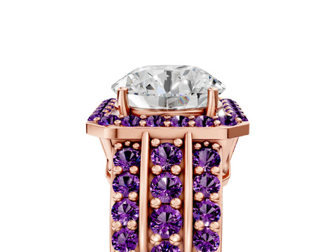 Rose gold Round Cut Halo Diamond Ring with Round with Amethyst side stone Split Shank and Prong Setting_5