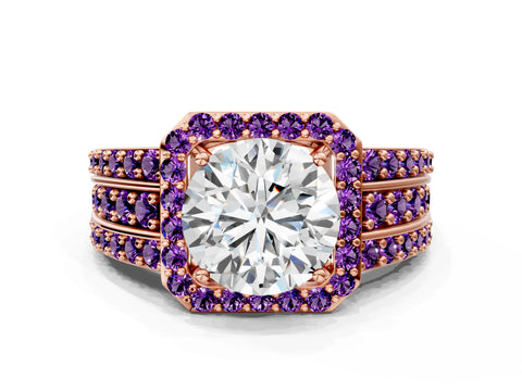Rose gold Round Cut Halo Diamond Ring with Round with Amethyst side stone Split Shank and Prong Setting