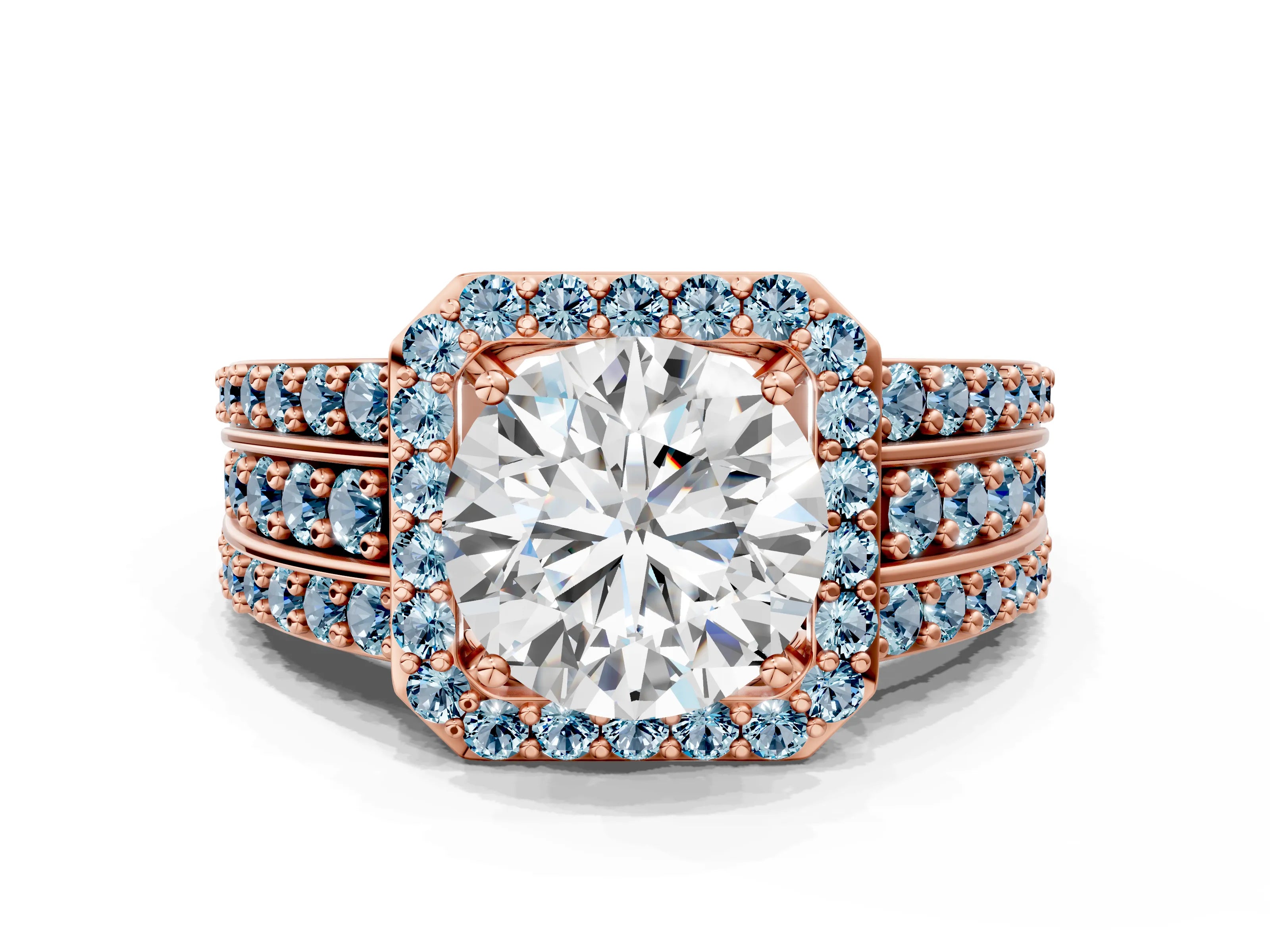 Rose gold Round Cut Halo Diamond Ring with Round with Aquamarine side stone Split Shank and Prong Setting