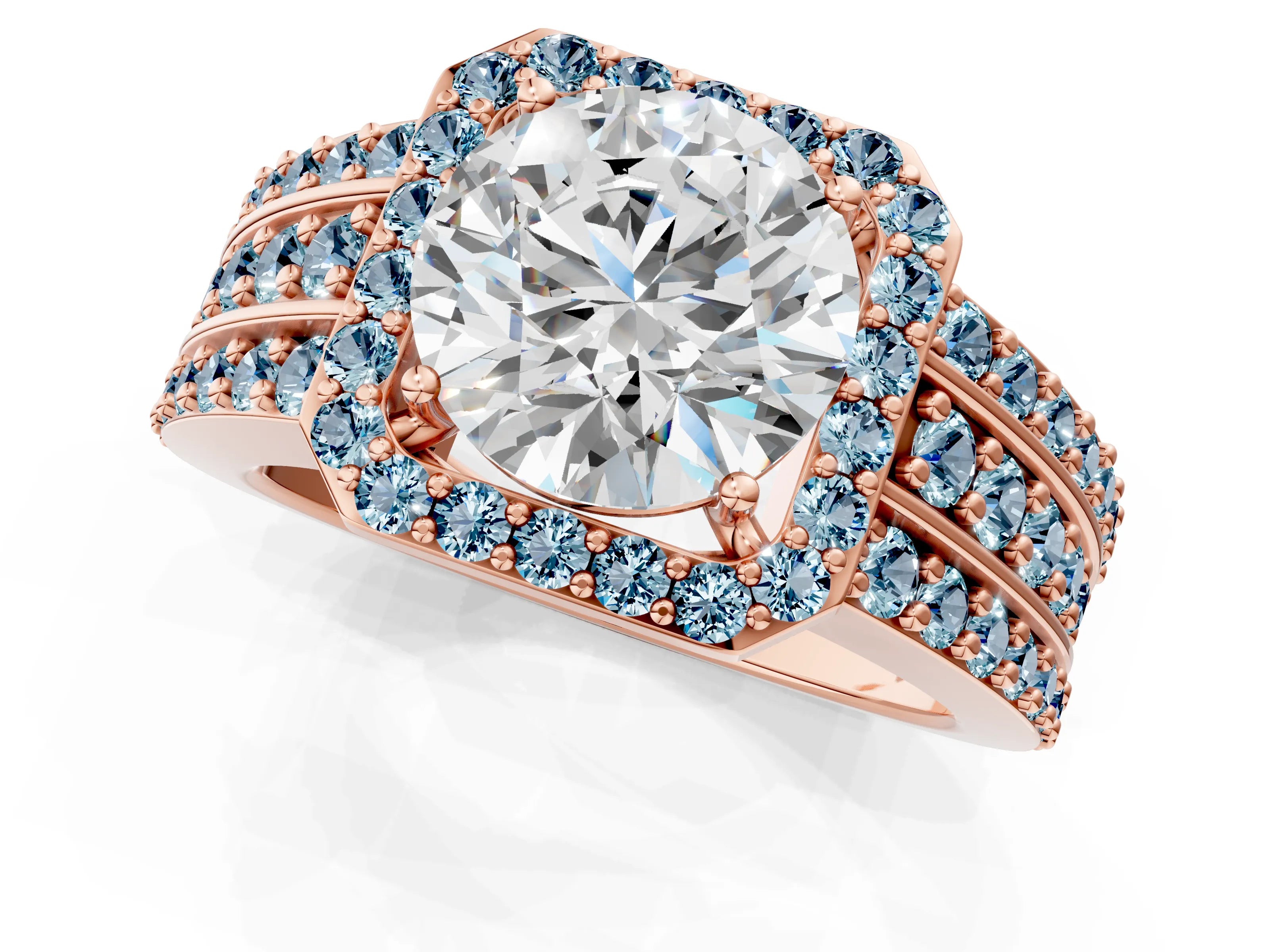 Rose gold Round Cut Halo Diamond Ring with Round with Aquamarine side stone Split Shank and Prong Setting_1