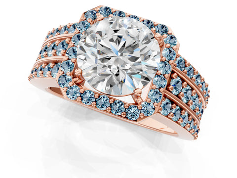 Rose gold Round Cut Halo Diamond Ring with Round with Aquamarine side stone Split Shank and Prong Setting_1
