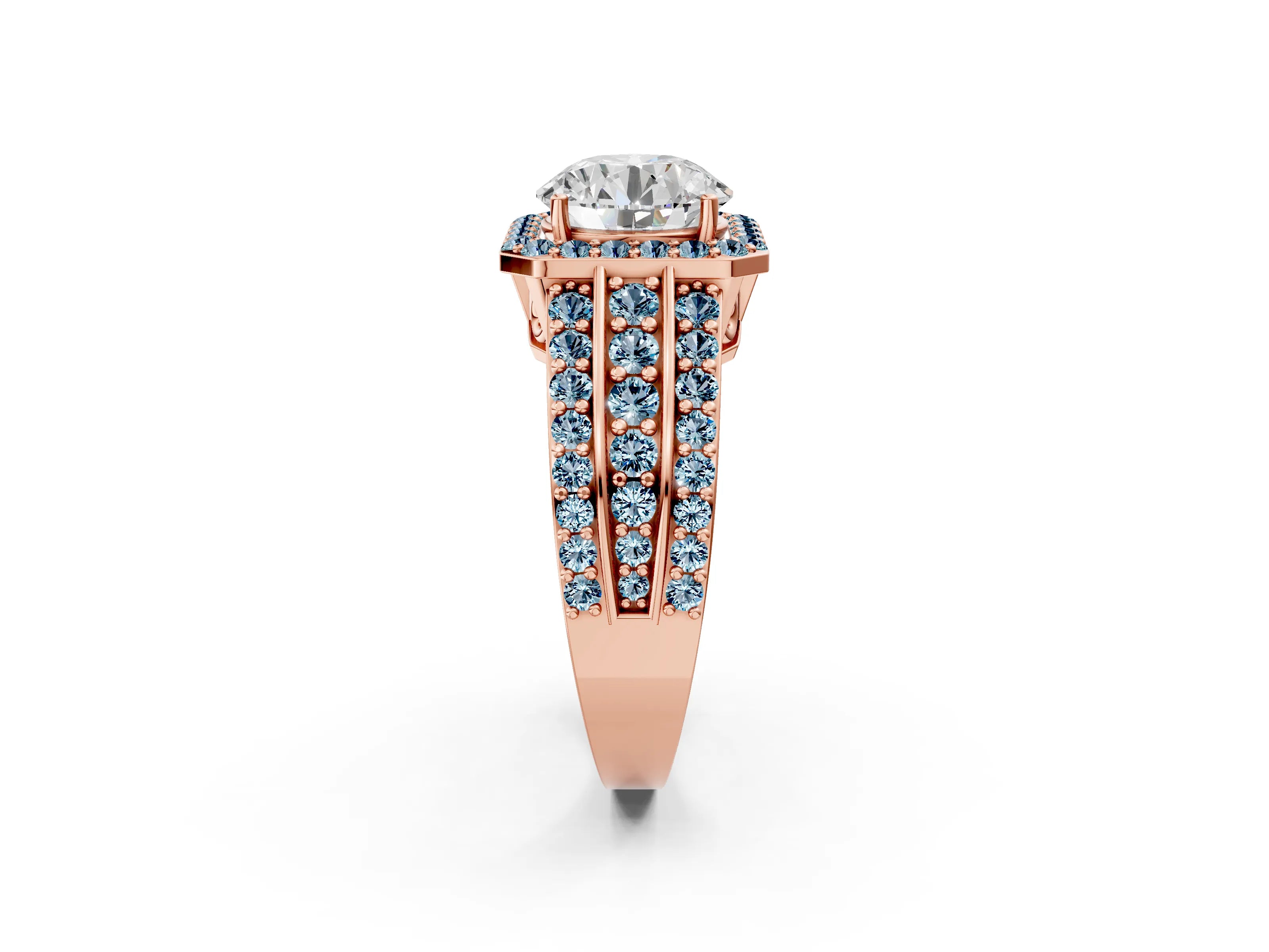 Rose gold Round Cut Halo Diamond Ring with Round with Aquamarine side stone Split Shank and Prong Setting_2