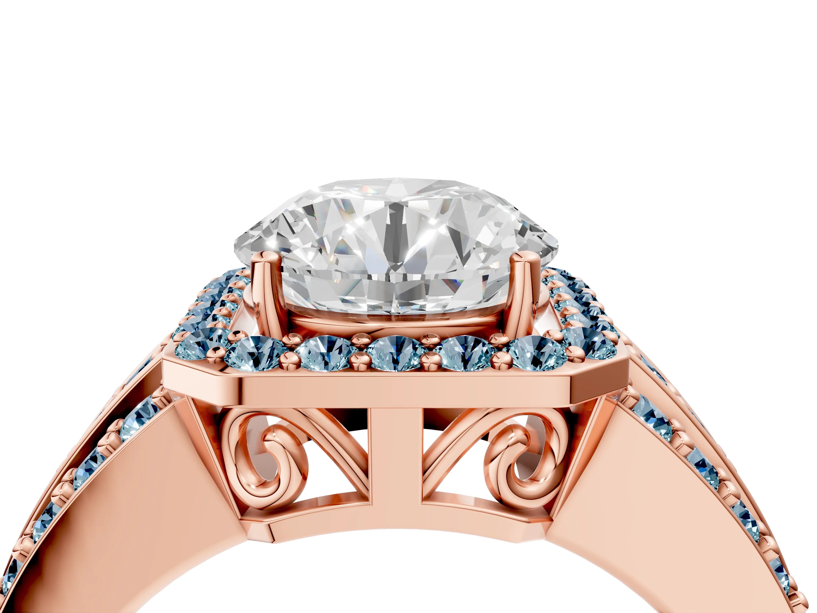 Rose gold Round Cut Halo Diamond Ring with Round with Aquamarine side stone Split Shank and Prong Setting_4