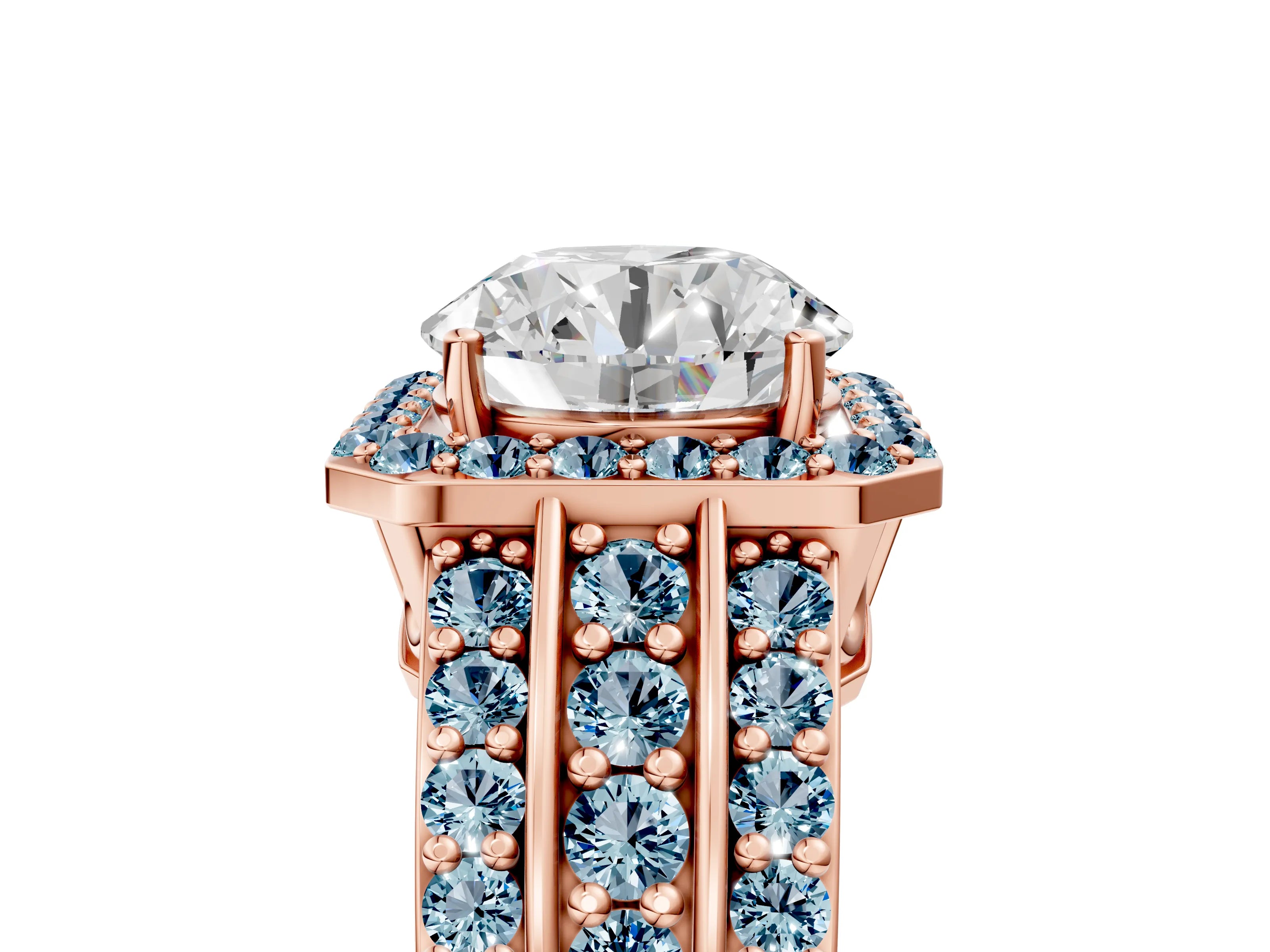 Rose gold Round Cut Halo Diamond Ring with Round with Aquamarine side stone Split Shank and Prong Setting_5
