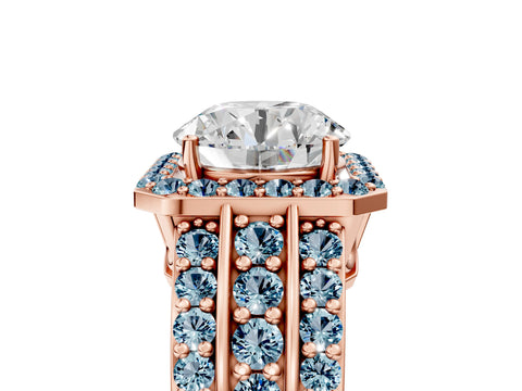 Rose gold Round Cut Halo Diamond Ring with Round with Aquamarine side stone Split Shank and Prong Setting_5