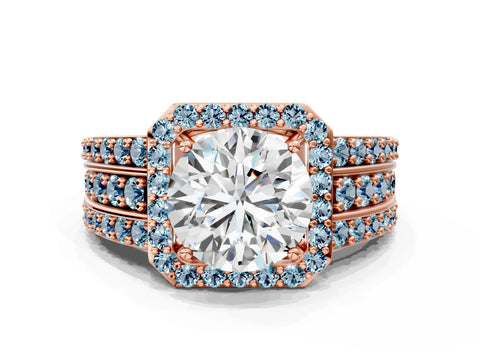 Rose gold Round Cut Halo Diamond Ring with Round with Aquamarine side stone Split Shank and Prong Setting