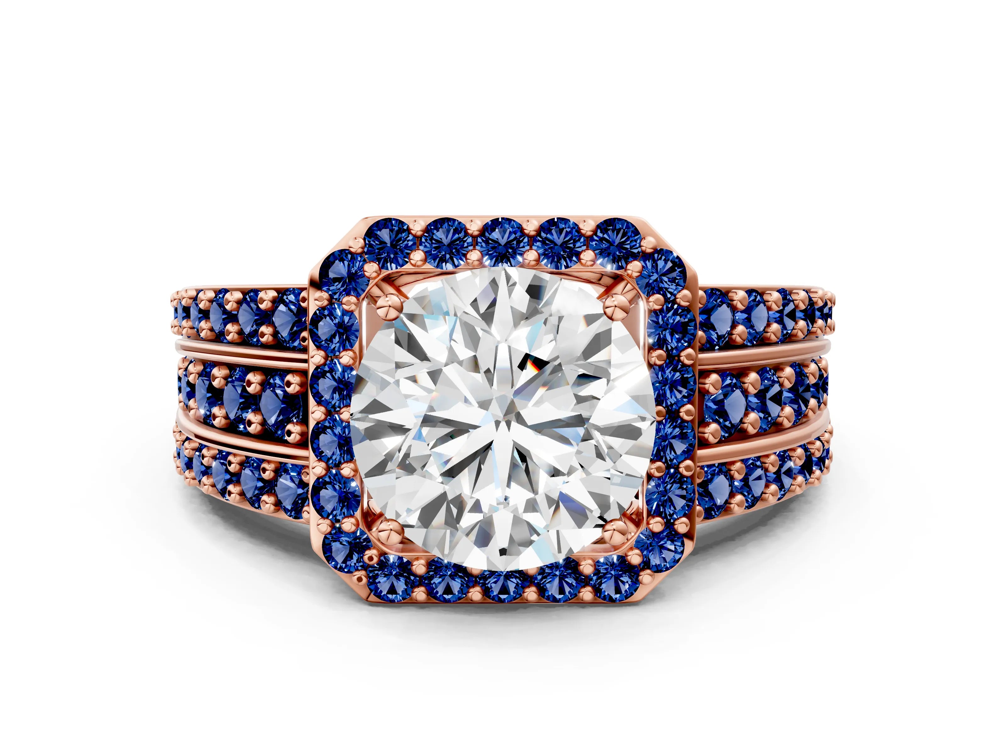 Rose gold Round Cut Halo Diamond Ring with Round with Blue Sapphire side stone Split Shank and Prong Setting