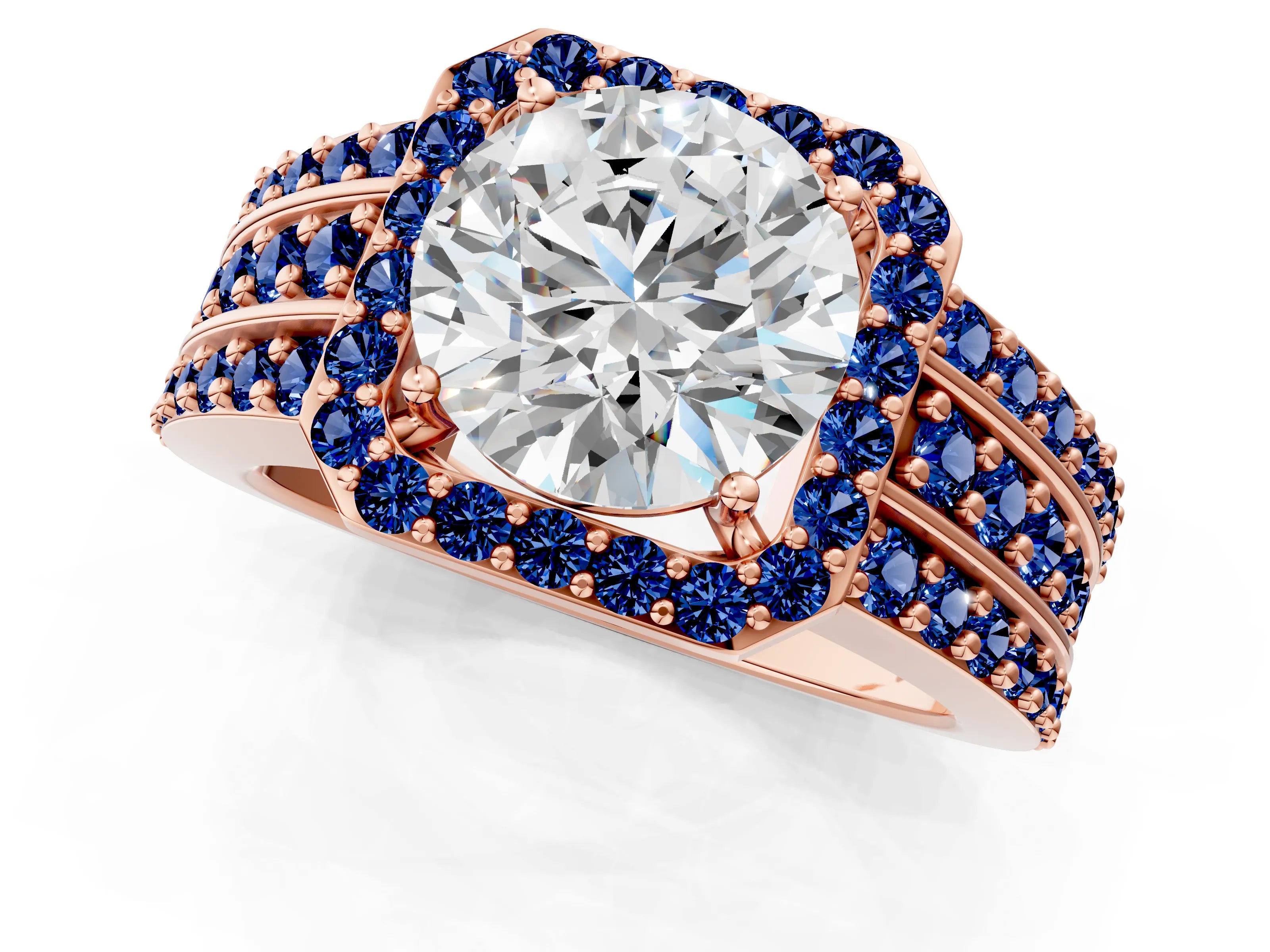 Rose gold Round Cut Halo Diamond Ring with Round with Blue Sapphire side stone Split Shank and Prong Setting_1