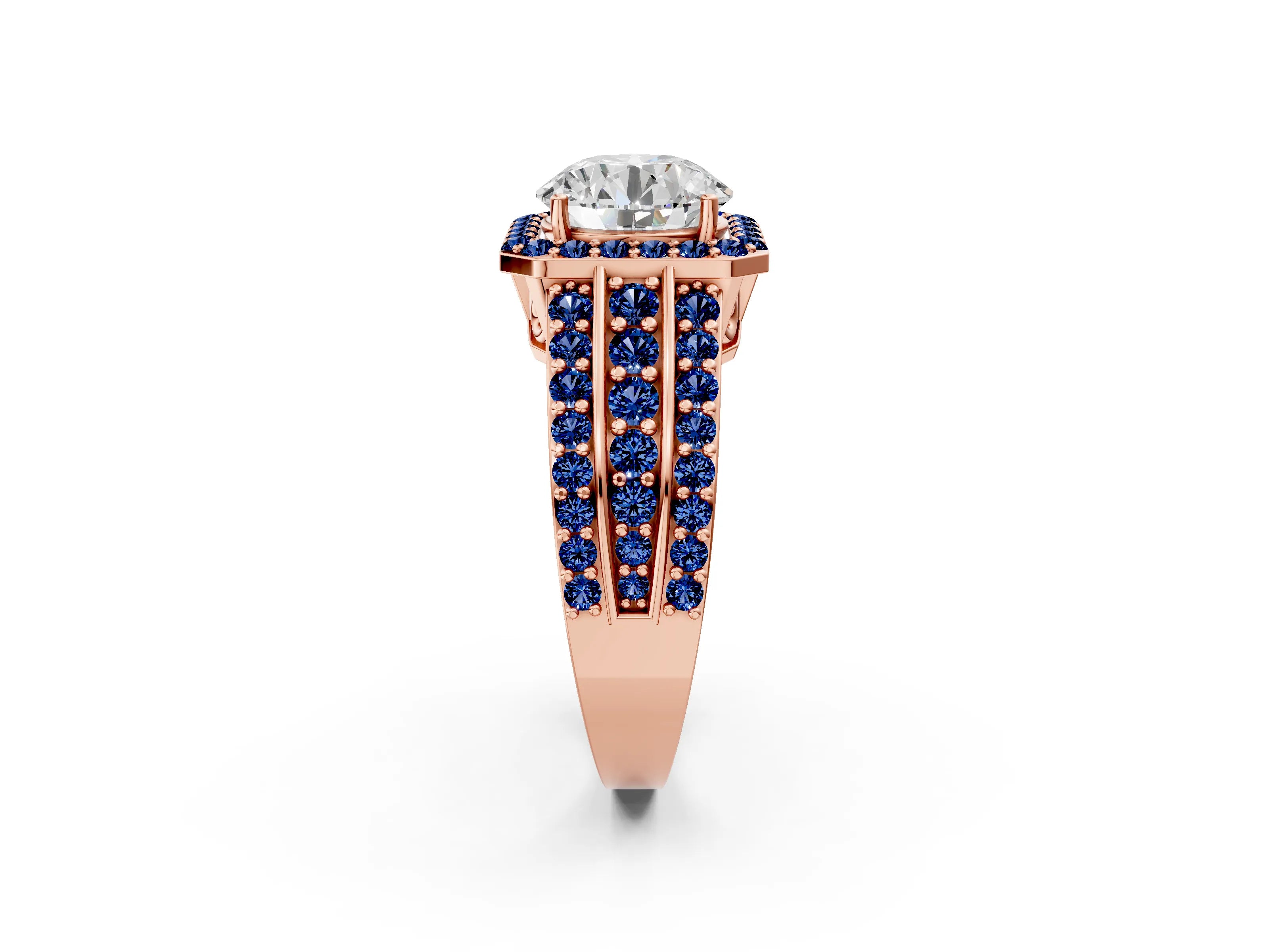 Rose gold Round Cut Halo Diamond Ring with Round with Blue Sapphire side stone Split Shank and Prong Setting_2