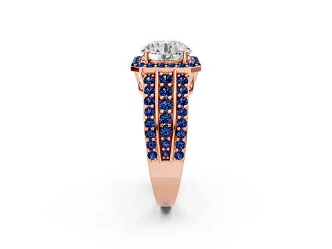 Rose gold Round Cut Halo Diamond Ring with Round with Blue Sapphire side stone Split Shank and Prong Setting_2