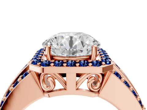Rose gold Round Cut Halo Diamond Ring with Round with Blue Sapphire side stone Split Shank and Prong Setting_4