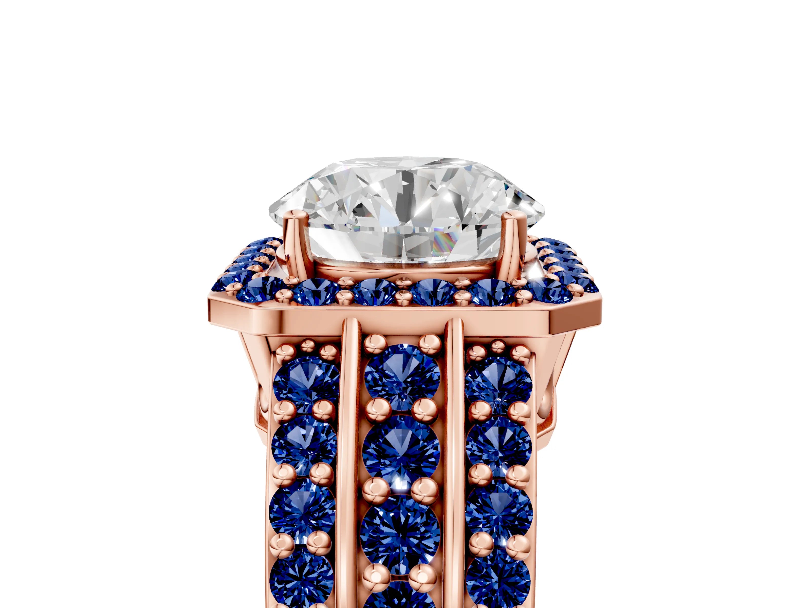Rose gold Round Cut Halo Diamond Ring with Round with Blue Sapphire side stone Split Shank and Prong Setting_5