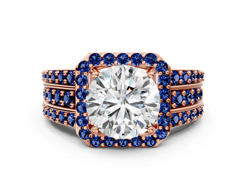 Rose gold Round Cut Halo Diamond Ring with Round with Blue Sapphire side stone Split Shank and Prong Setting