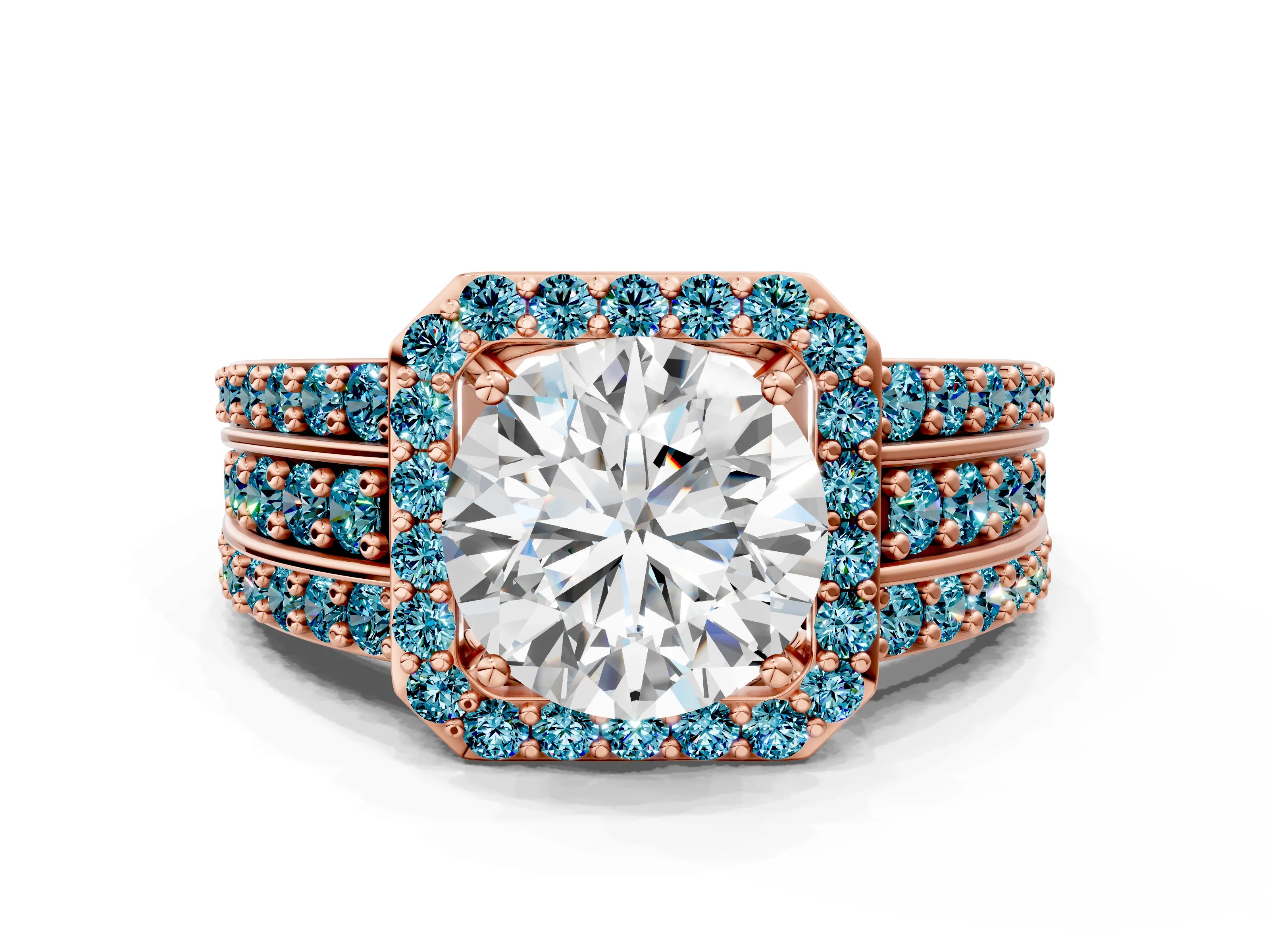 Rose gold Round Cut Halo Diamond Ring with Round with Blue Topaz side stone Split Shank and Prong Setting