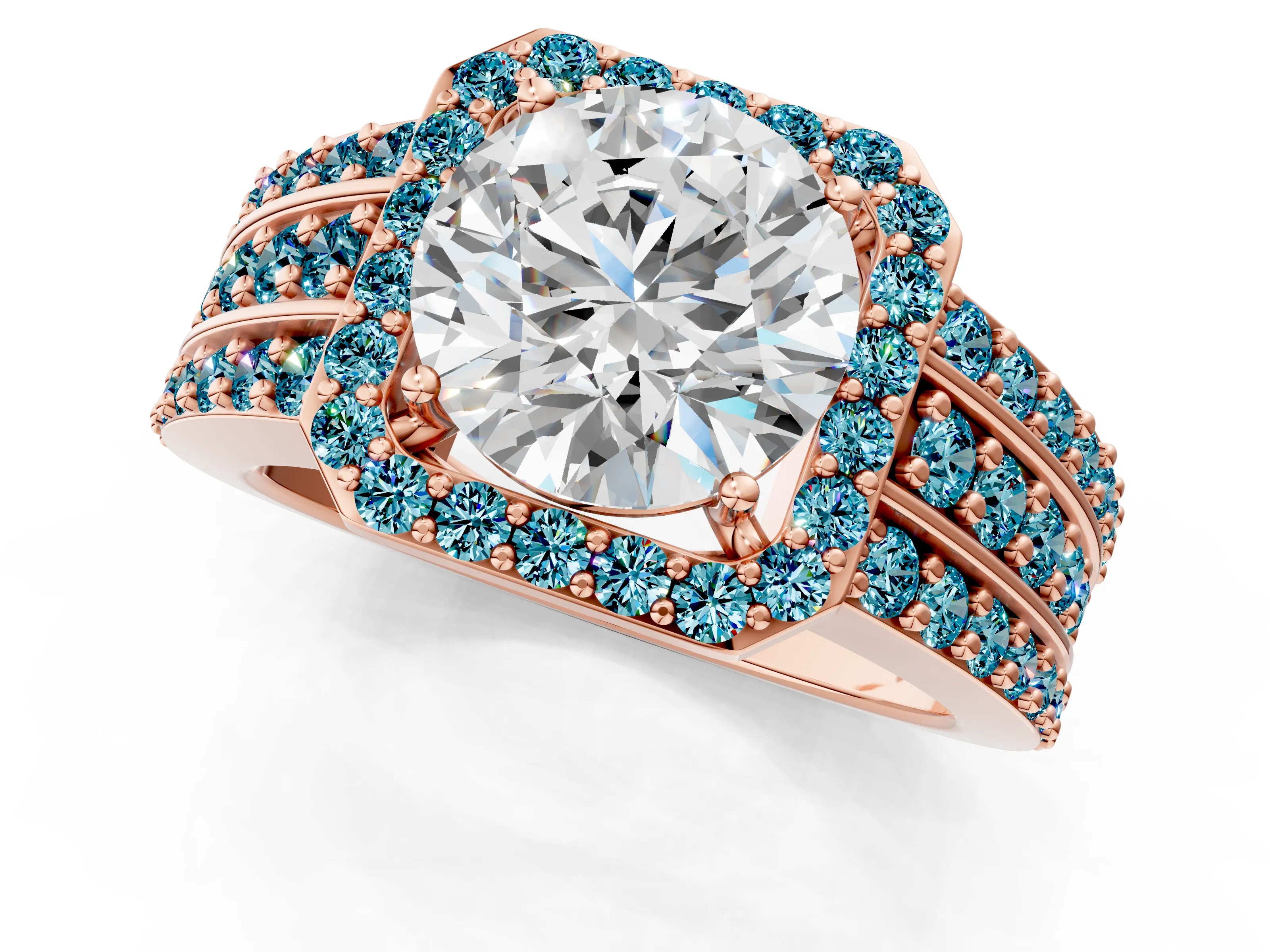Rose gold Round Cut Halo Diamond Ring with Round with Blue Topaz side stone Split Shank and Prong Setting_1