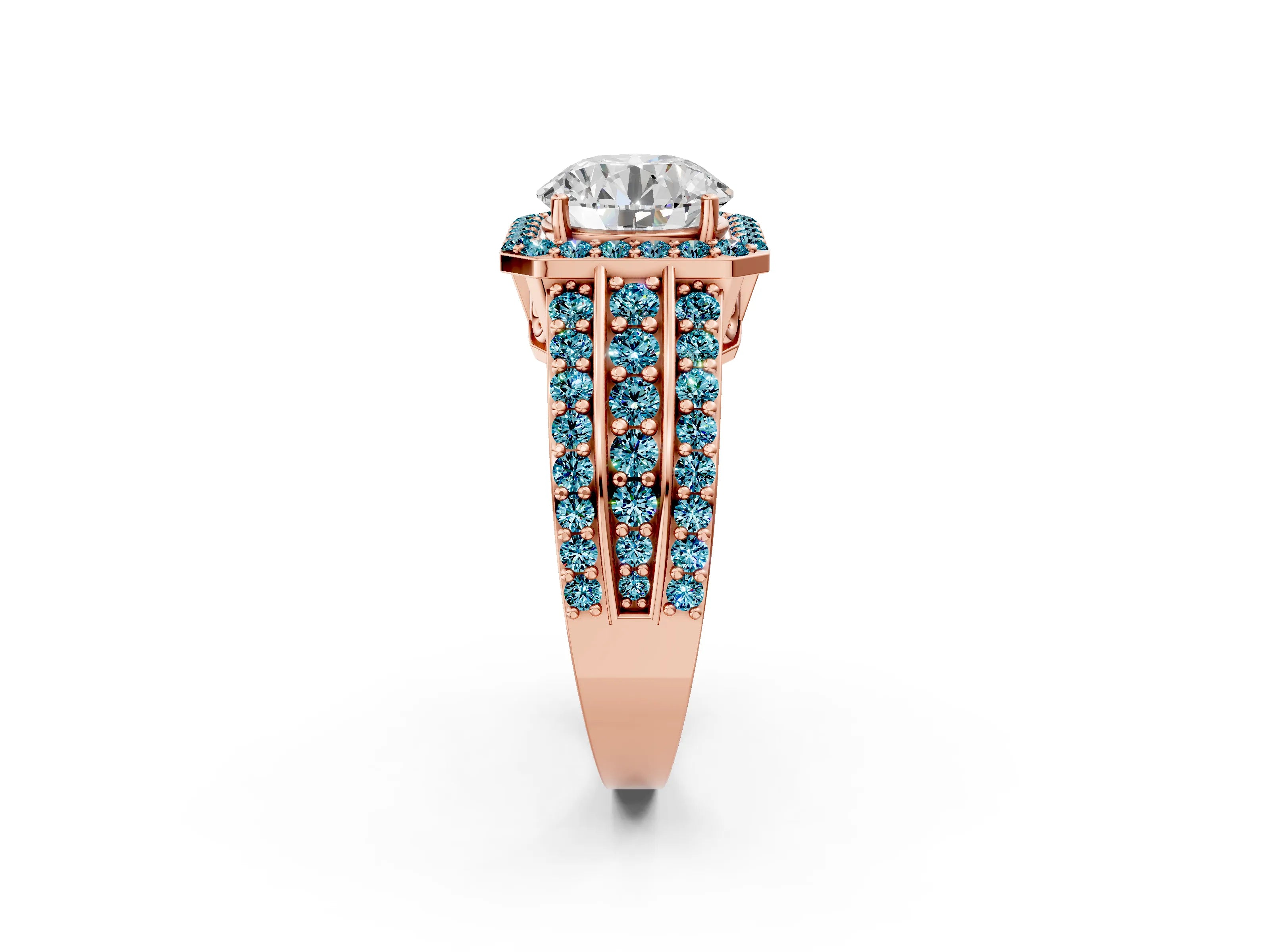 Rose gold Round Cut Halo Diamond Ring with Round with Blue Topaz side stone Split Shank and Prong Setting_2