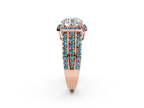 Rose gold Round Cut Halo Diamond Ring with Round with Blue Topaz side stone Split Shank and Prong Setting_2