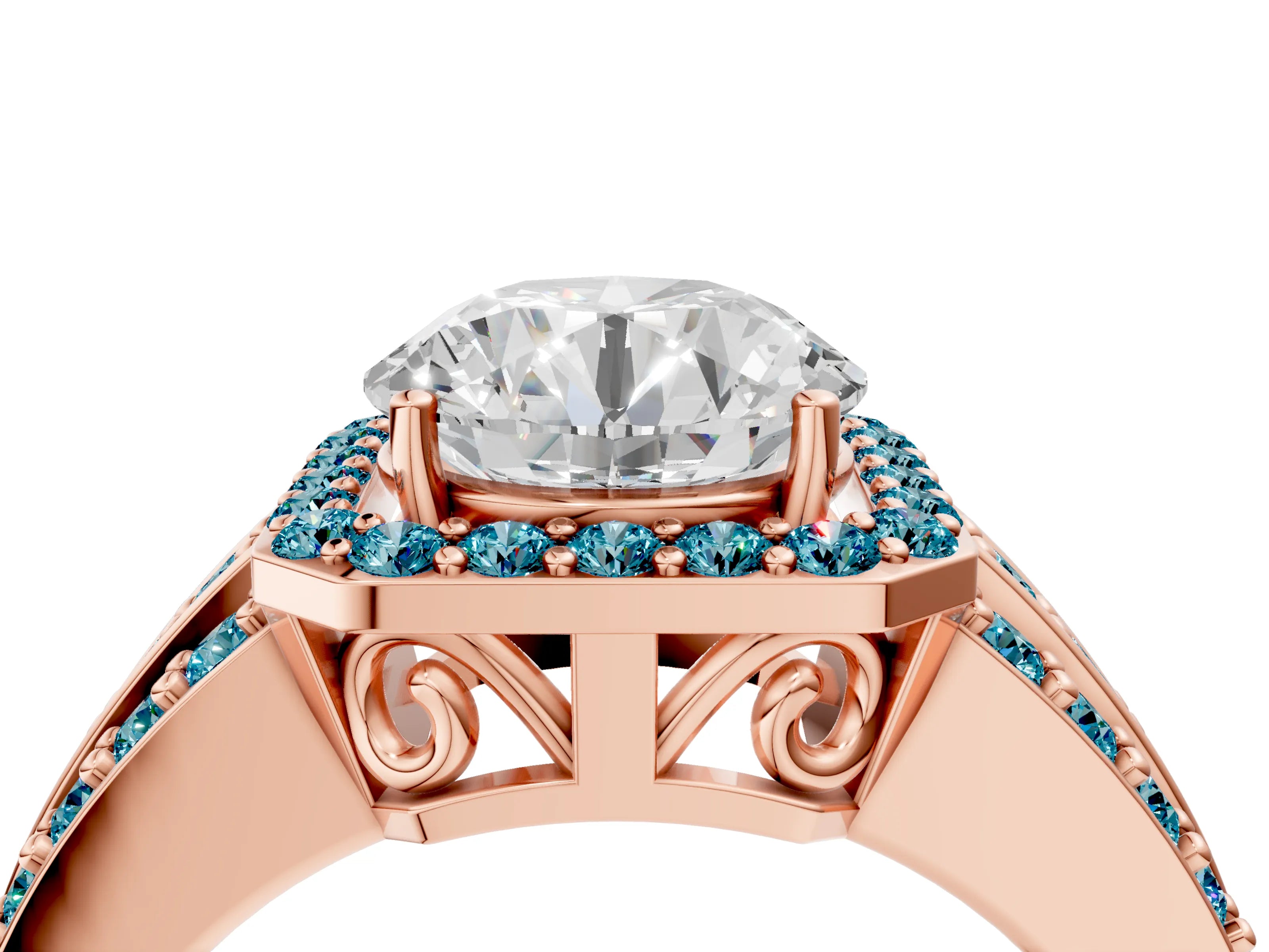 Rose gold Round Cut Halo Diamond Ring with Round with Blue Topaz side stone Split Shank and Prong Setting_4