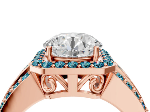 Rose gold Round Cut Halo Diamond Ring with Round with Blue Topaz side stone Split Shank and Prong Setting_4