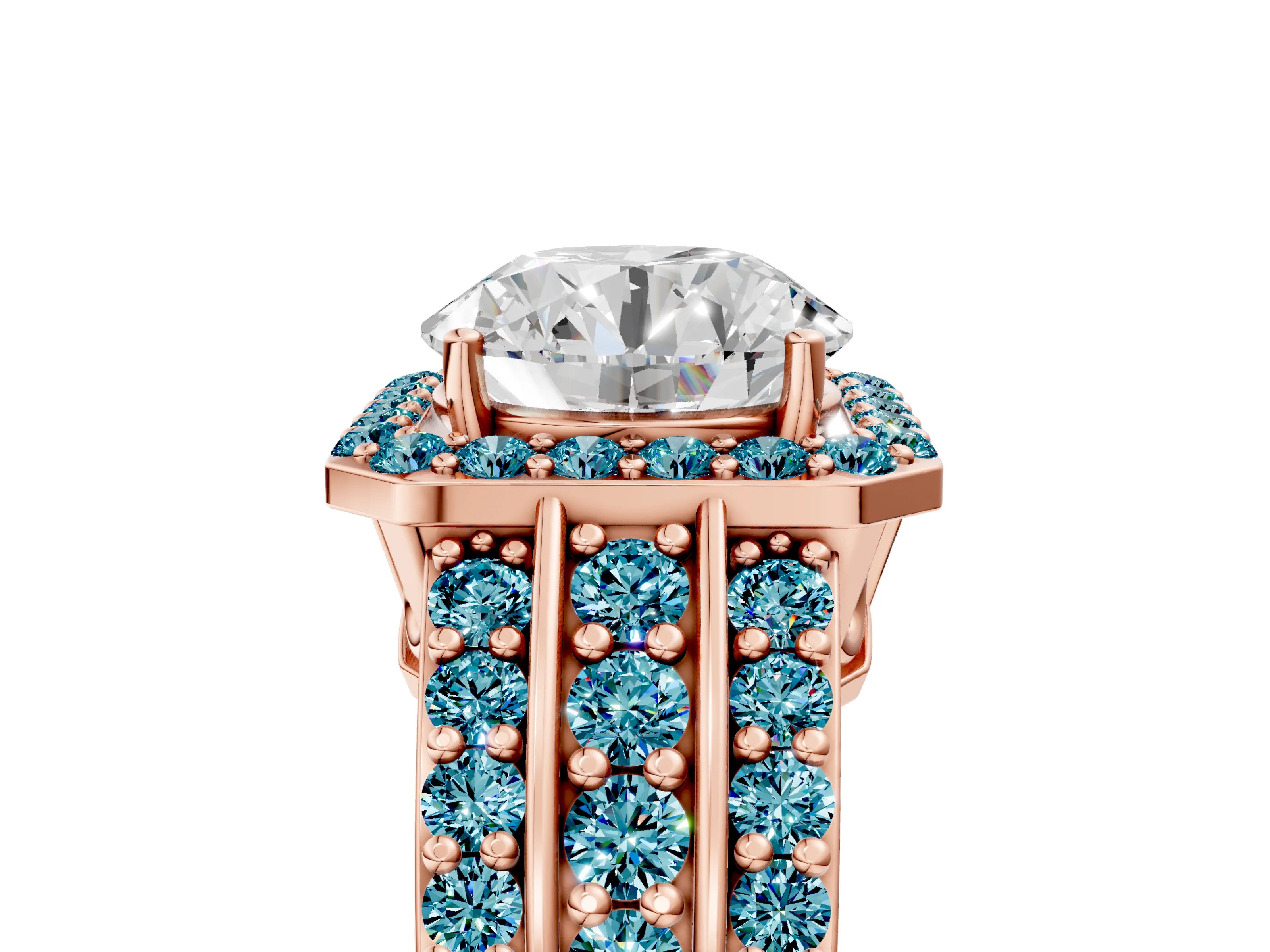 Rose gold Round Cut Halo Diamond Ring with Round with Blue Topaz side stone Split Shank and Prong Setting_5