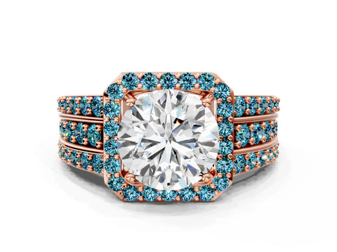 Rose gold Round Cut Halo Diamond Ring with Round with Blue Topaz side stone Split Shank and Prong Setting