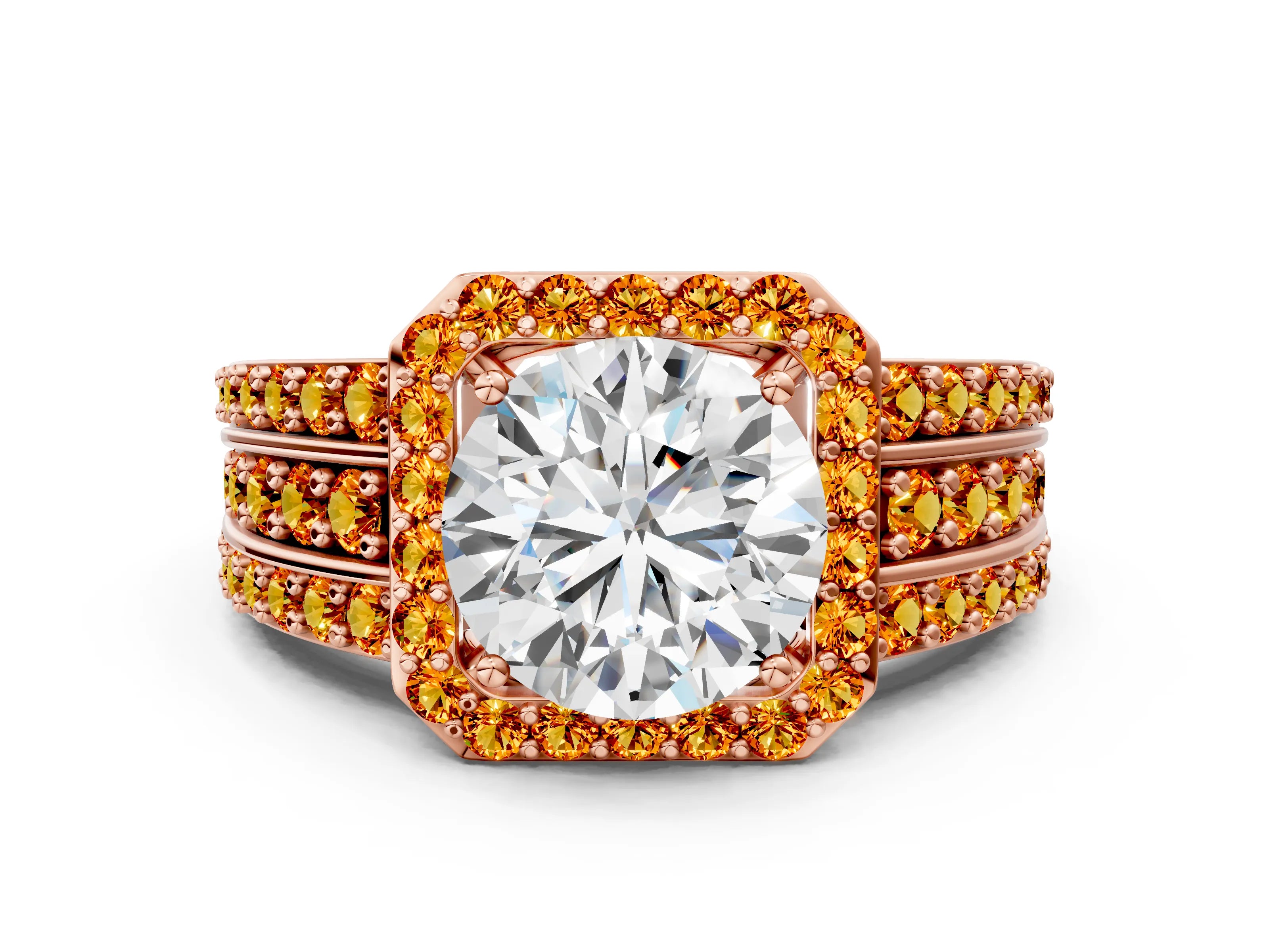 Rose gold Round Cut Halo Diamond Ring with Round with Citrine side stone Split Shank and Prong Setting