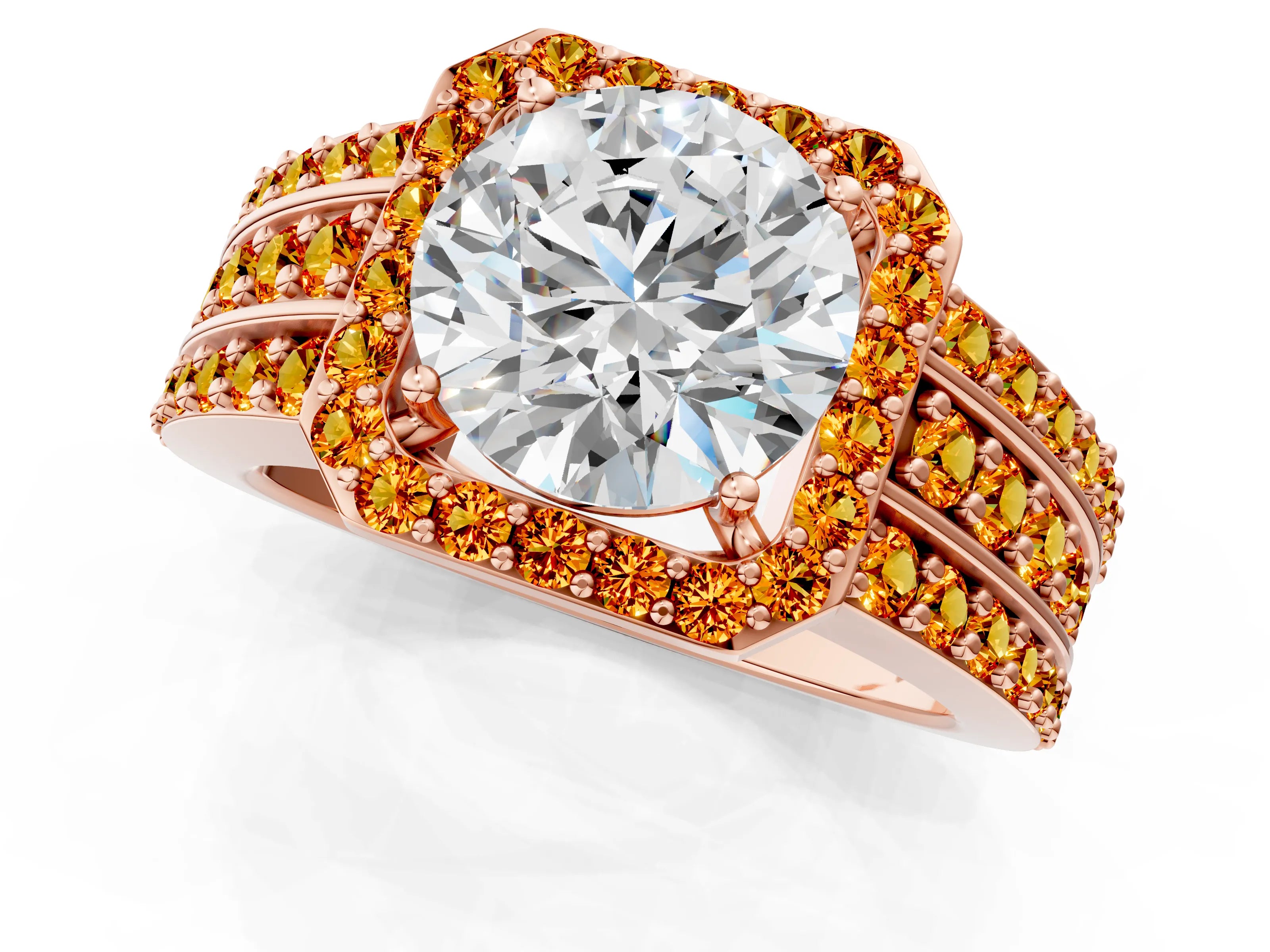 Rose gold Round Cut Halo Diamond Ring with Round with Citrine side stone Split Shank and Prong Setting_1