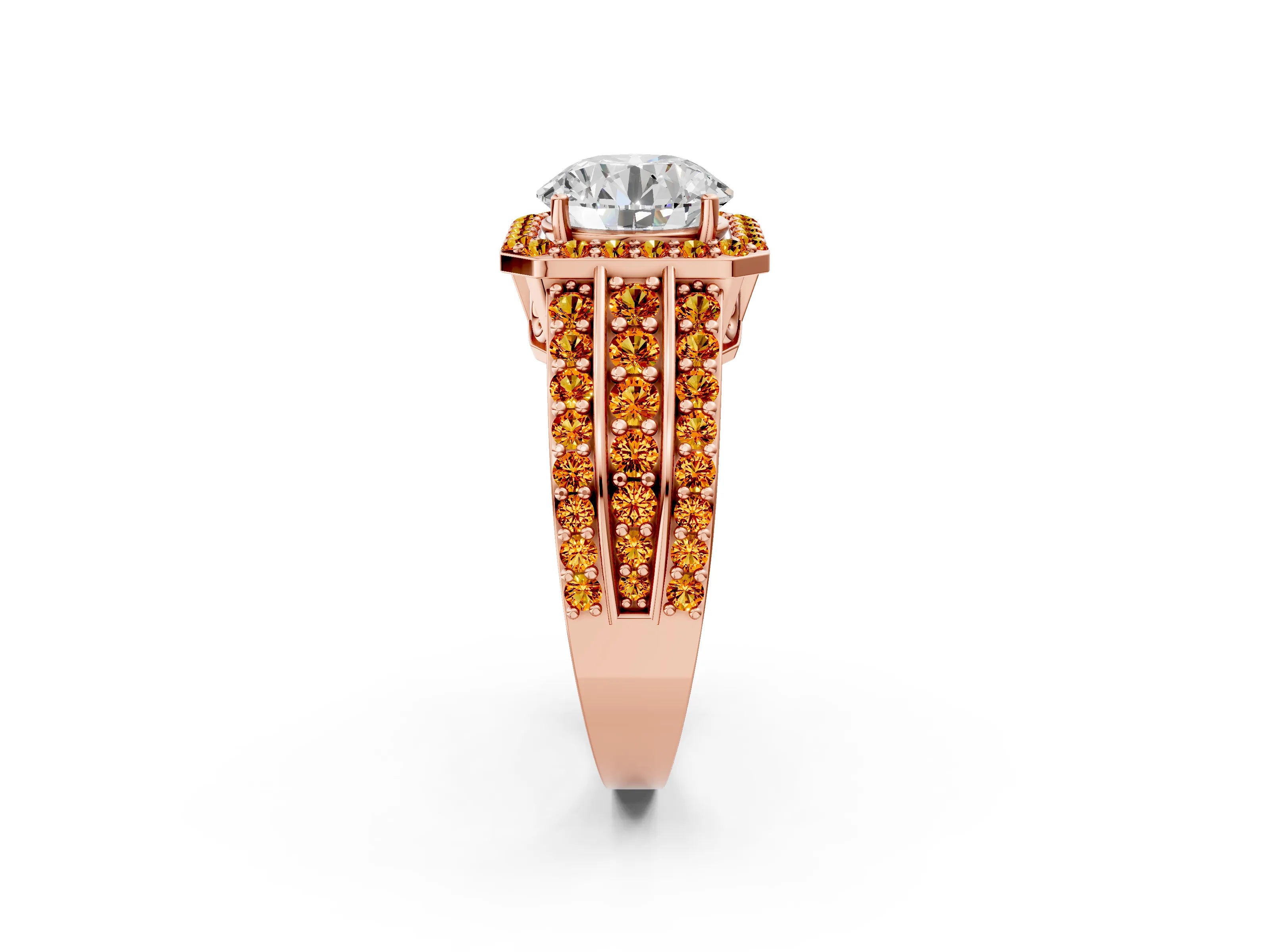 Rose gold Round Cut Halo Diamond Ring with Round with Citrine side stone Split Shank and Prong Setting_2