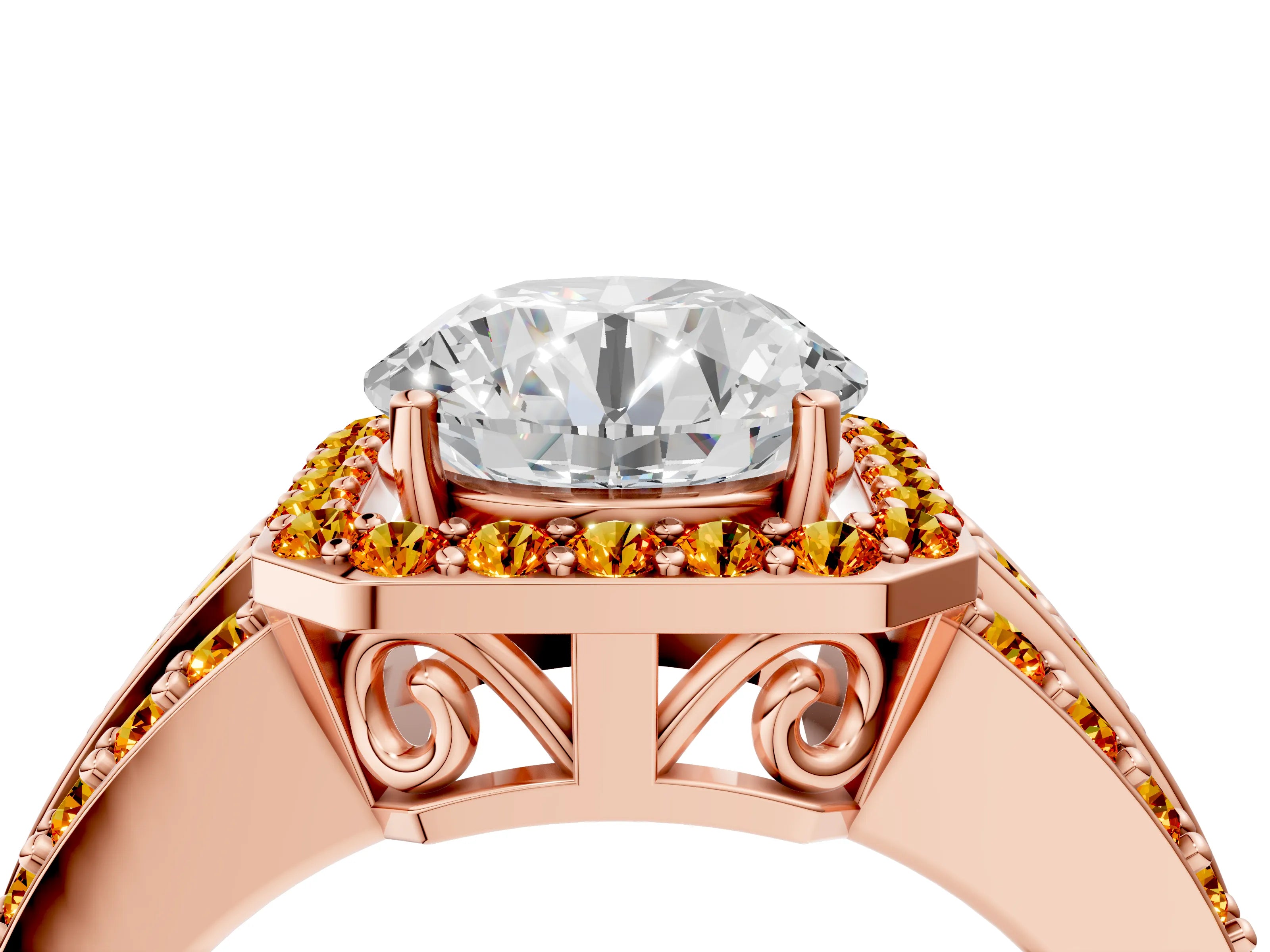 Rose gold Round Cut Halo Diamond Ring with Round with Citrine side stone Split Shank and Prong Setting_4