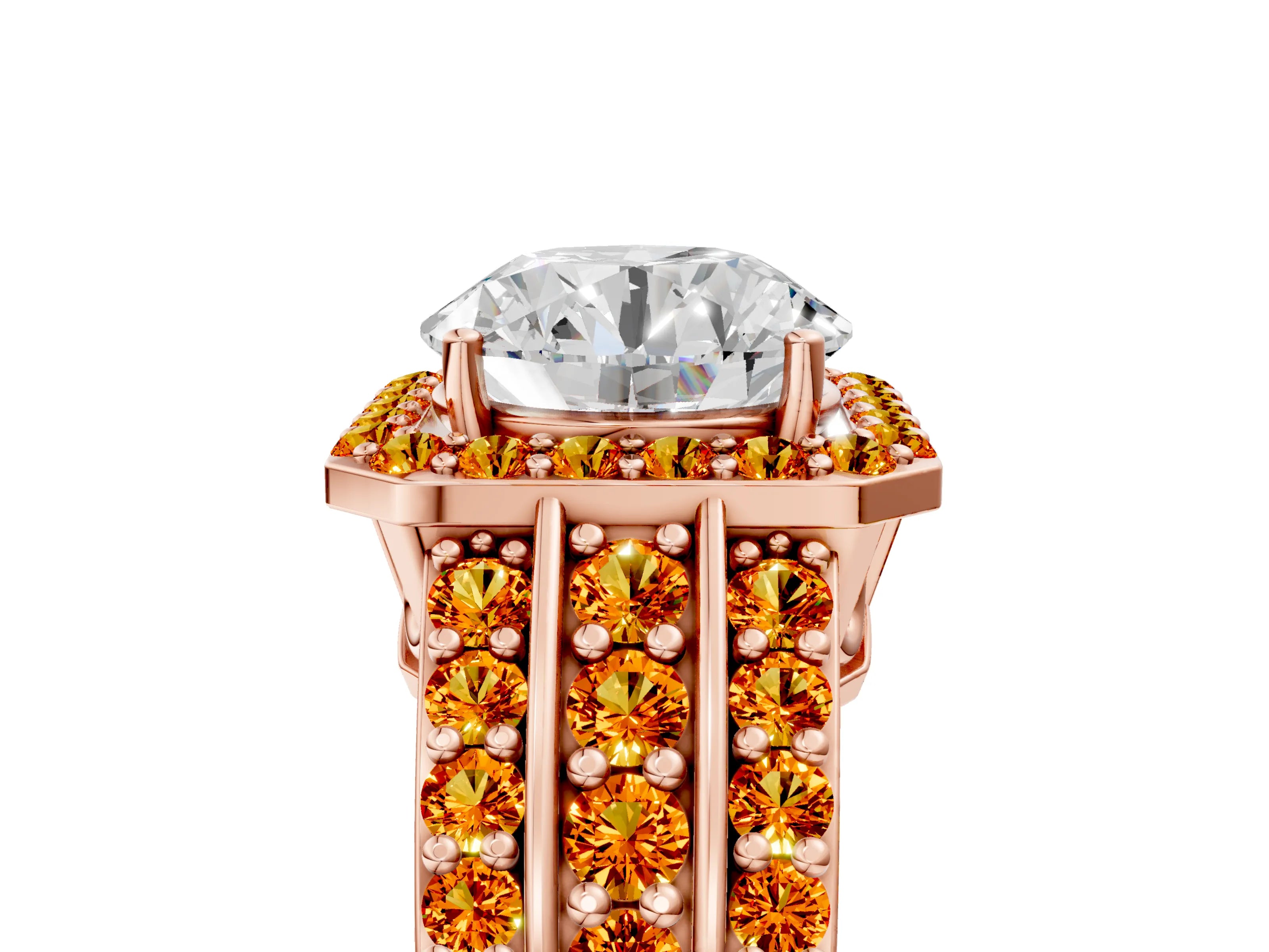Rose gold Round Cut Halo Diamond Ring with Round with Citrine side stone Split Shank and Prong Setting_5