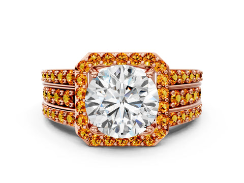 Rose gold Round Cut Halo Diamond Ring with Round with Citrine side stone Split Shank and Prong Setting