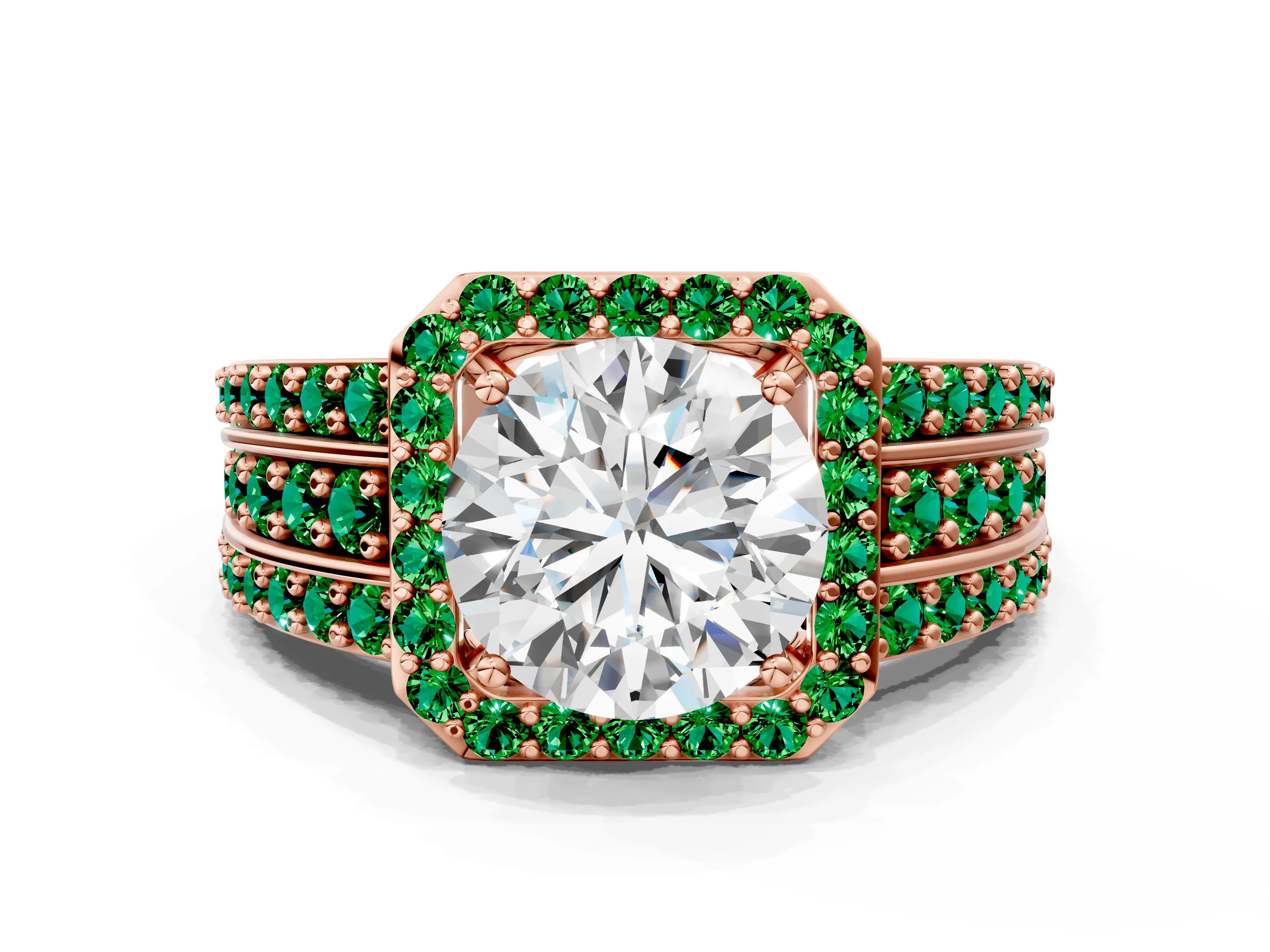 Rose gold Round Cut Halo Diamond Ring with Round with Emerald side stone Split Shank and Prong Setting