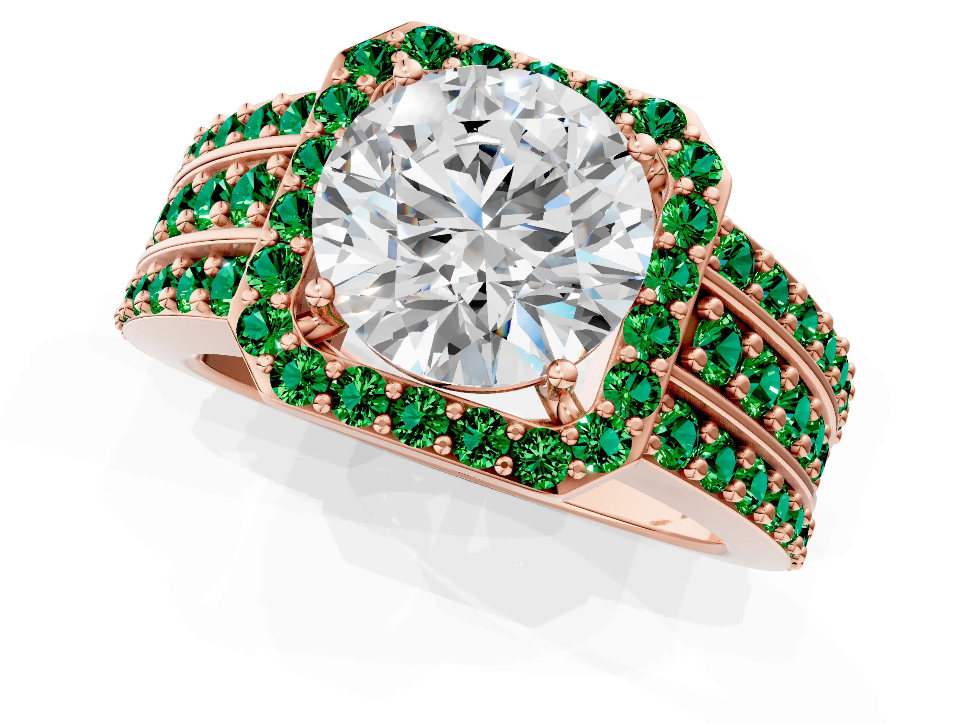 Rose gold Round Cut Halo Diamond Ring with Round with Emerald side stone Split Shank and Prong Setting_1