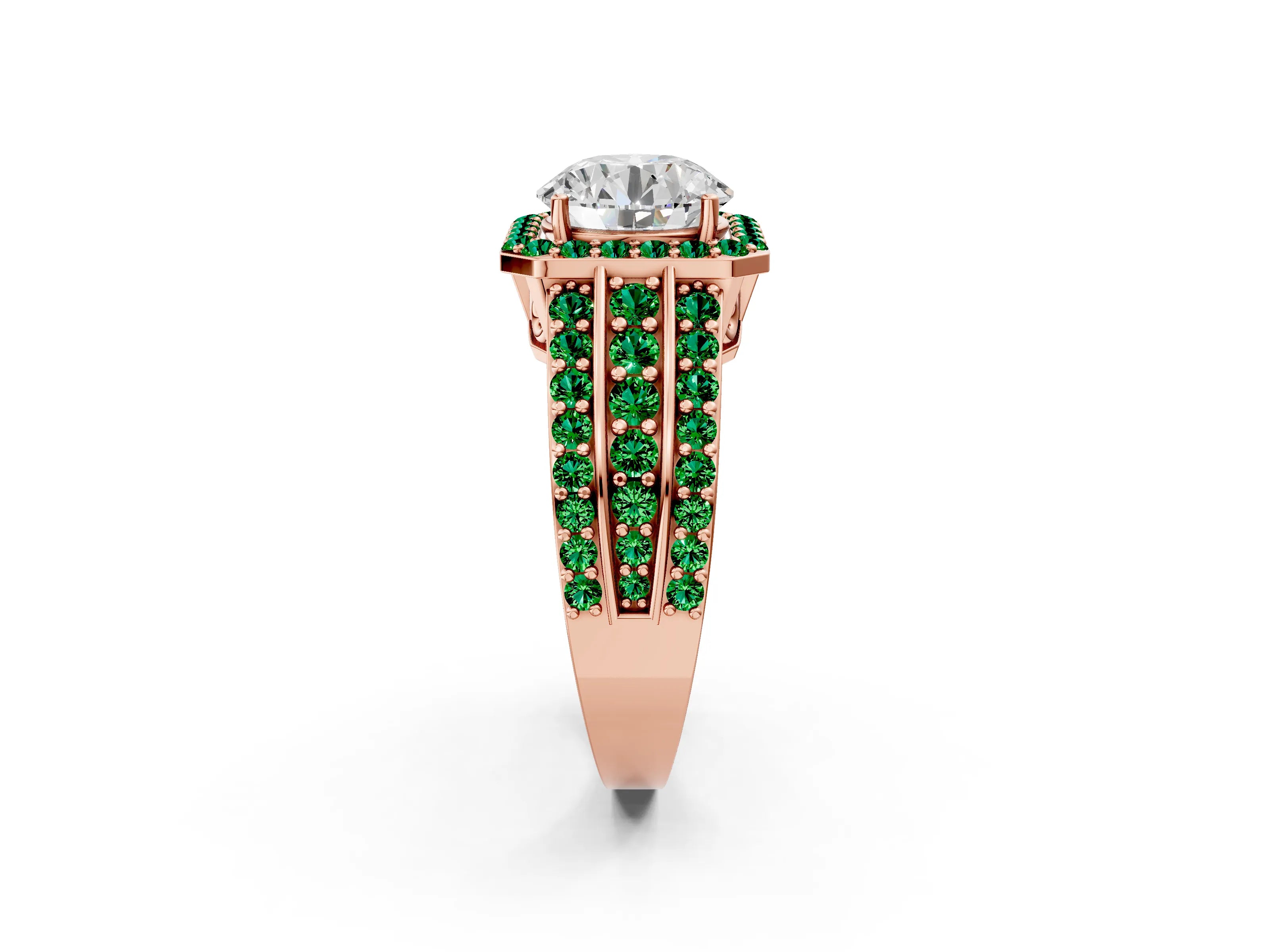 Rose gold Round Cut Halo Diamond Ring with Round with Emerald side stone Split Shank and Prong Setting_2
