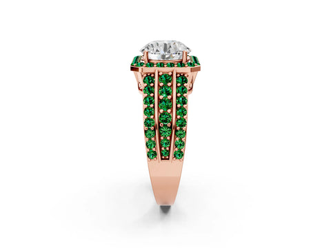 Rose gold Round Cut Halo Diamond Ring with Round with Emerald side stone Split Shank and Prong Setting_2