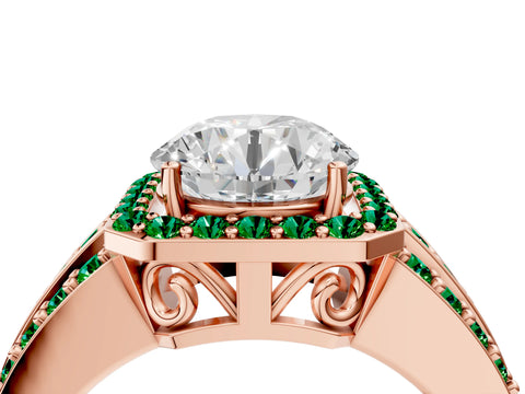 Rose gold Round Cut Halo Diamond Ring with Round with Emerald side stone Split Shank and Prong Setting_4