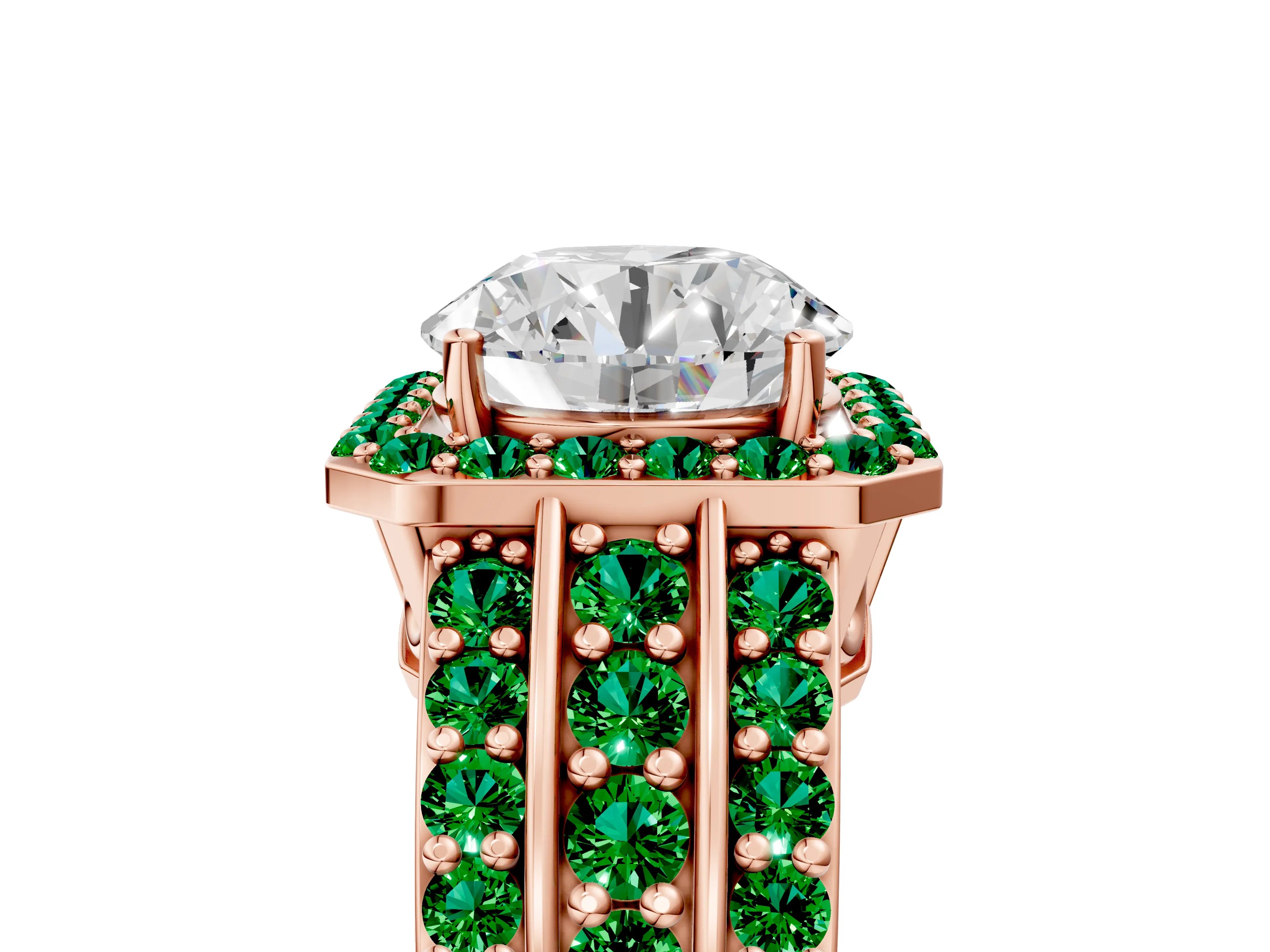 Rose gold Round Cut Halo Diamond Ring with Round with Emerald side stone Split Shank and Prong Setting_5