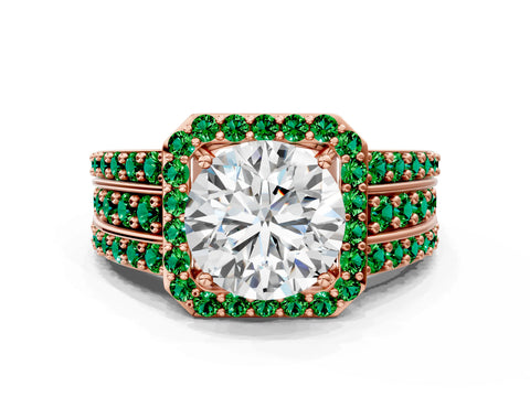 Rose gold Round Cut Halo Diamond Ring with Round with Emerald side stone Split Shank and Prong Setting